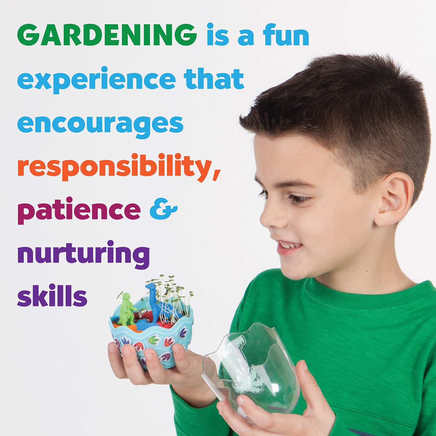 Child enjoying a creative dinosaur gardening and growing activity