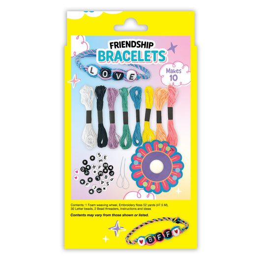 Friendship Bracelets craft kit packaging showing bracelet designs and included materials