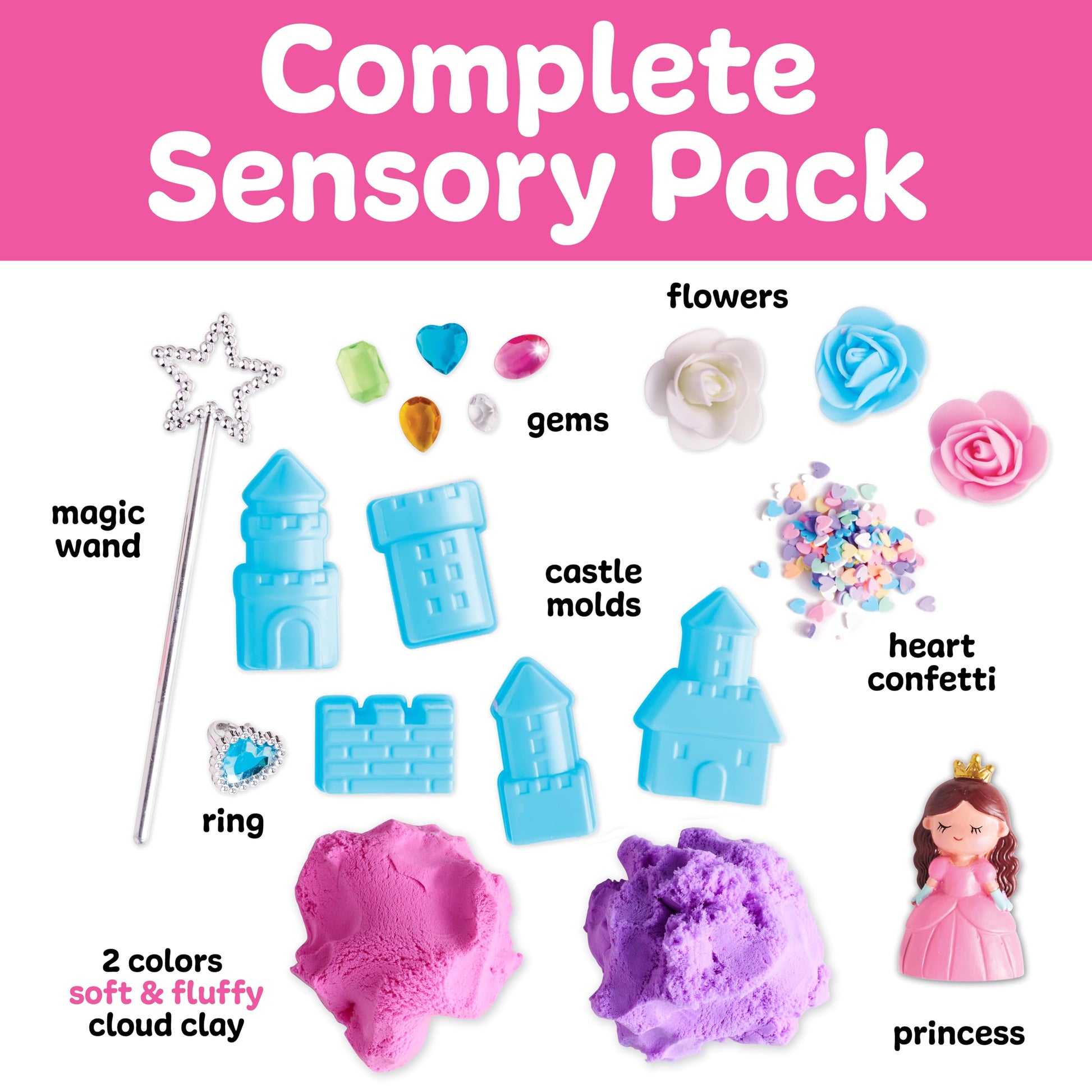 Princess Sensory Pack contents with cloud clay, princess figure, castle and sensory play tools
