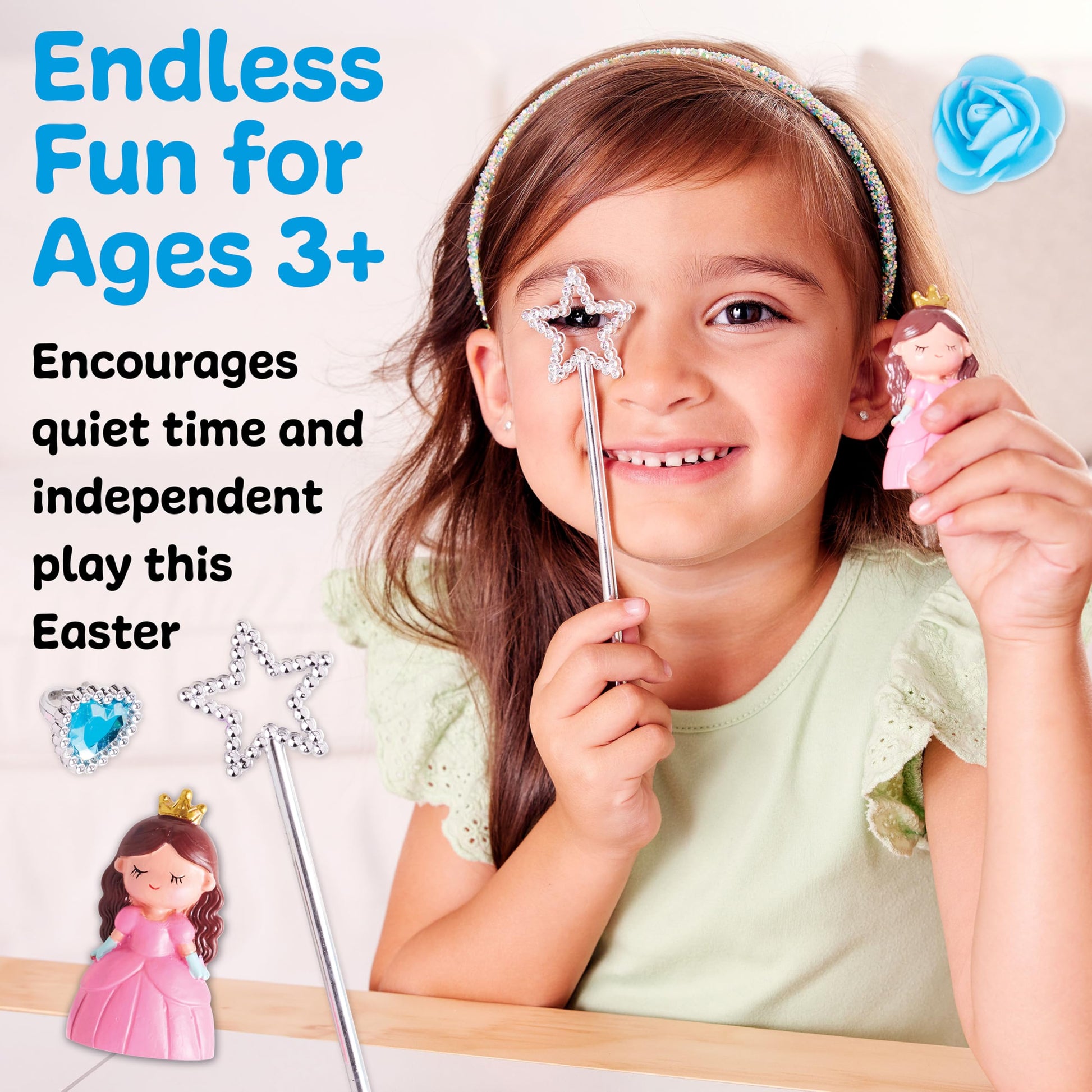 Child enjoying creative princess sensory play with colourful cloud clay