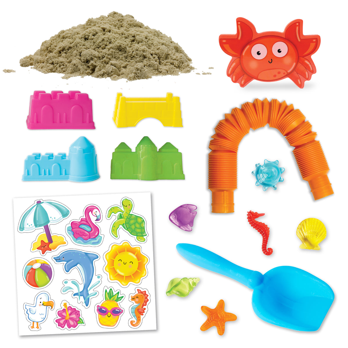 Beach Sensory Bin contents with sensory sand, shells, moulds and seaside play accessories