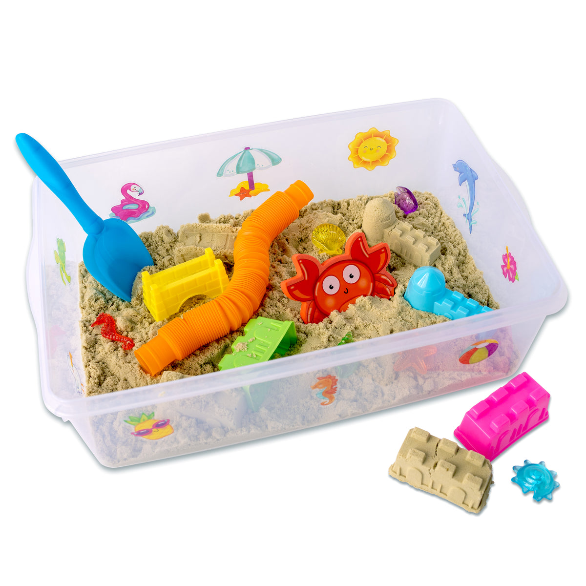 Beach Sensory Bin set up for hands-on sand and seaside play
