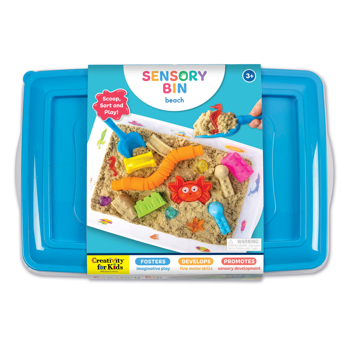 Beach Sensory Bin packed inside its reusable storage container
