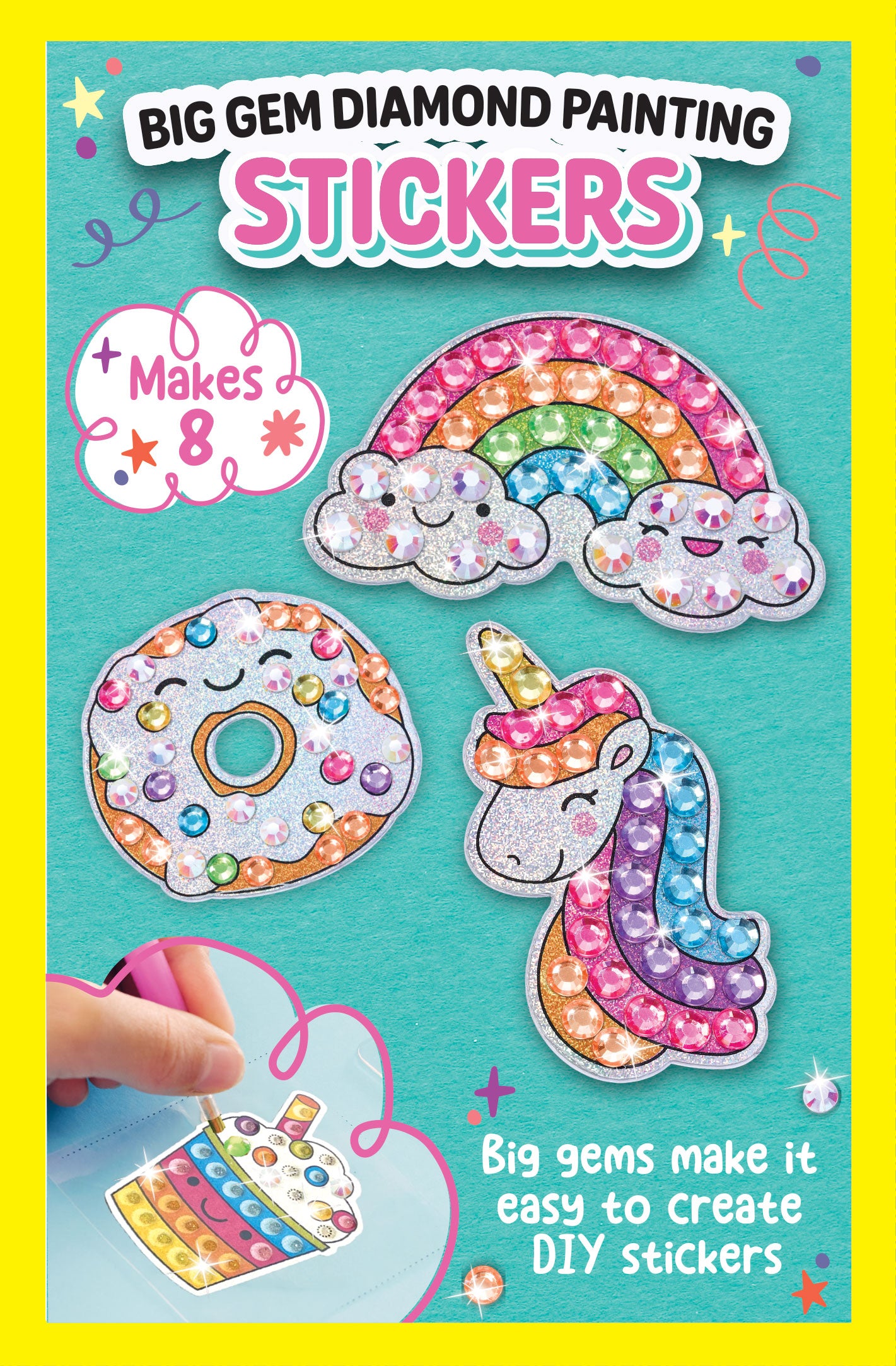 Eight colourful Big Gem diamond painting sticker designs for kids