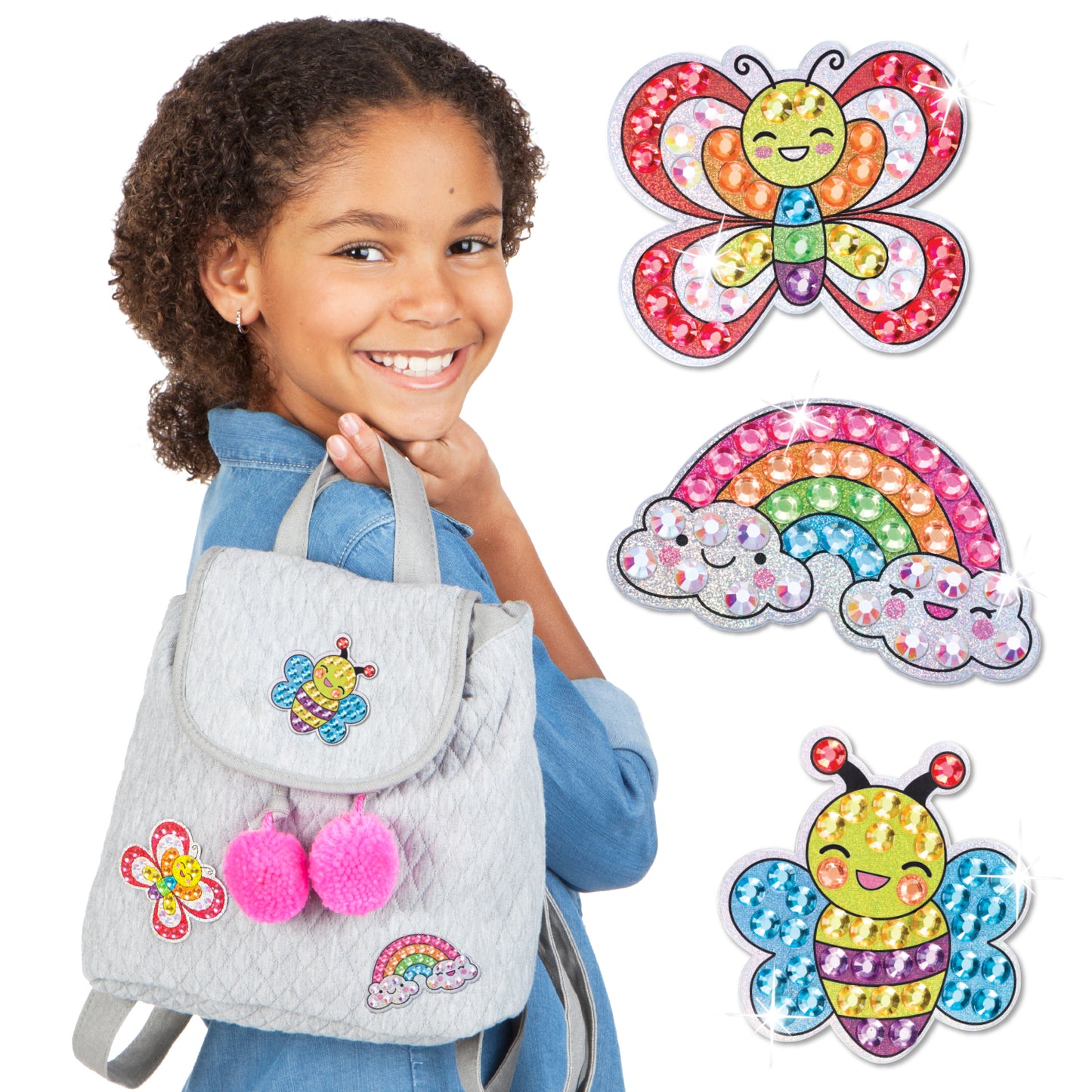 Child displaying colourful finished Big Gem diamond painting stickers