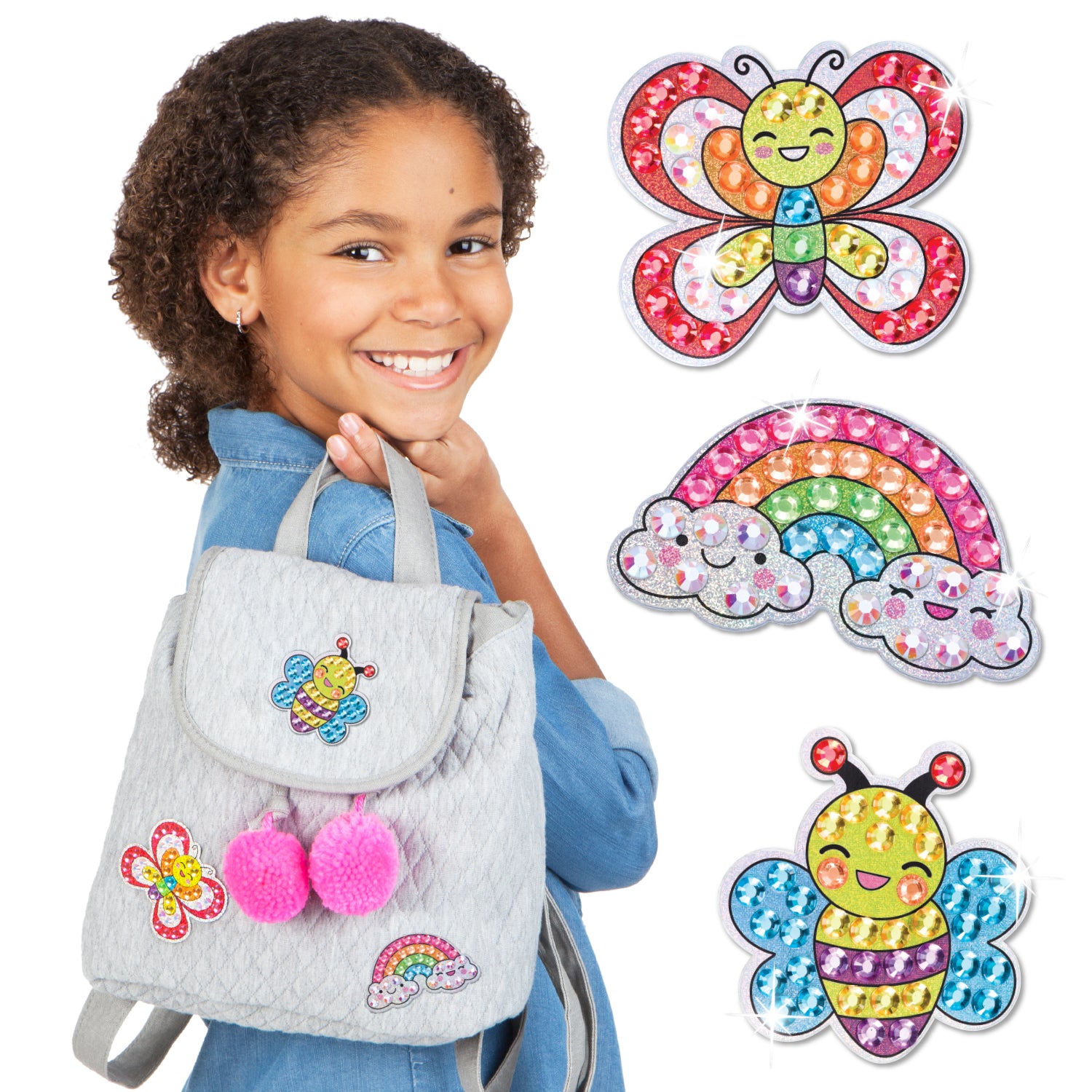 Child displaying colourful finished Big Gem diamond painting stickers