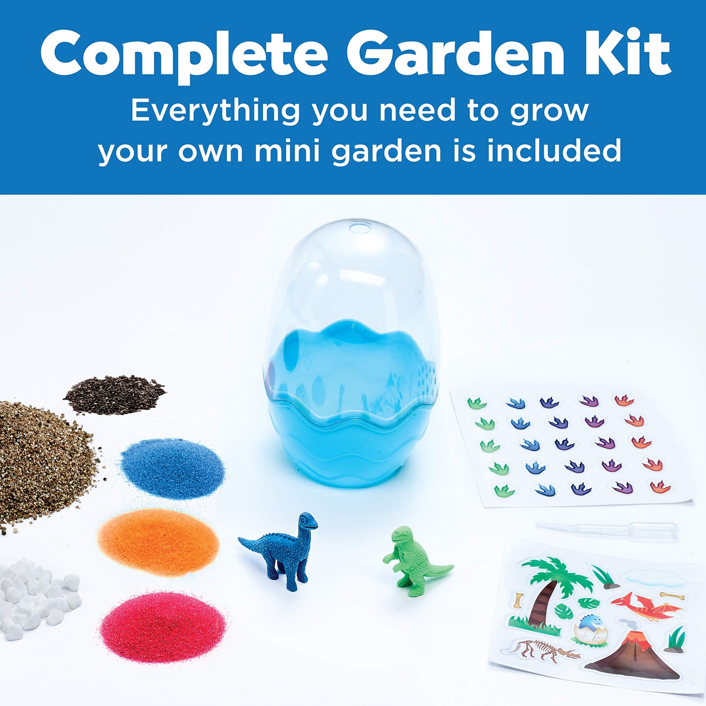 Complete Dinosaur Mini Garden kit with soil, gravel, sand, dinosaurs and decorations