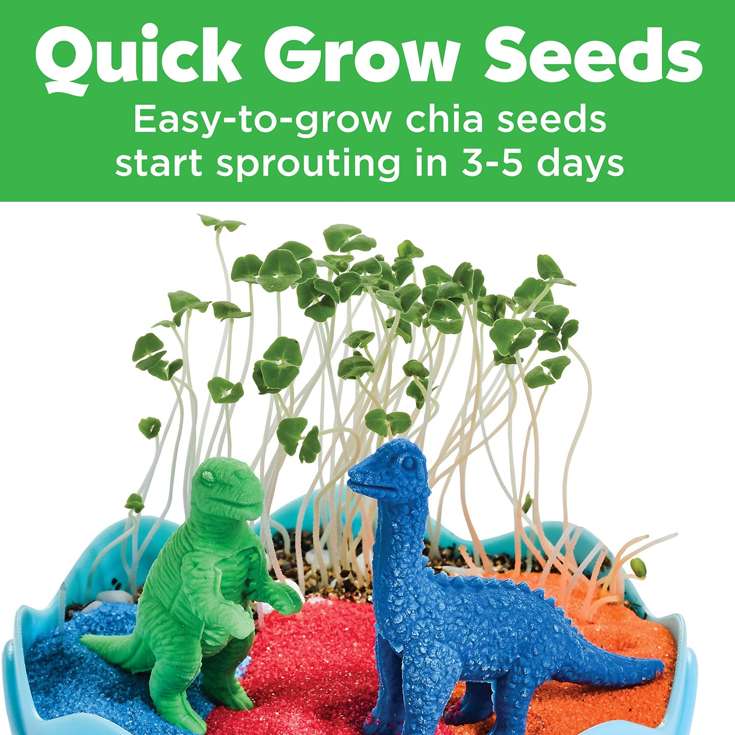 Chia seeds growing in the Dinosaur Mini Garden in as little as 3 to 5 days