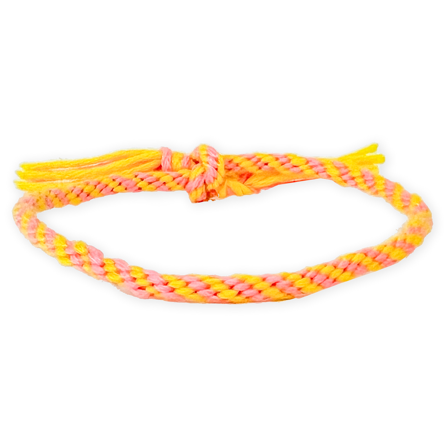 Orange woven friendship bracelet made with colourful craft thread
