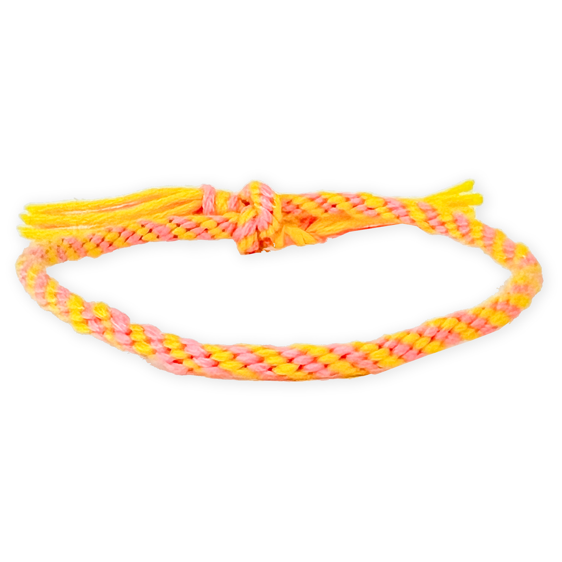 Orange woven friendship bracelet made with colourful craft thread