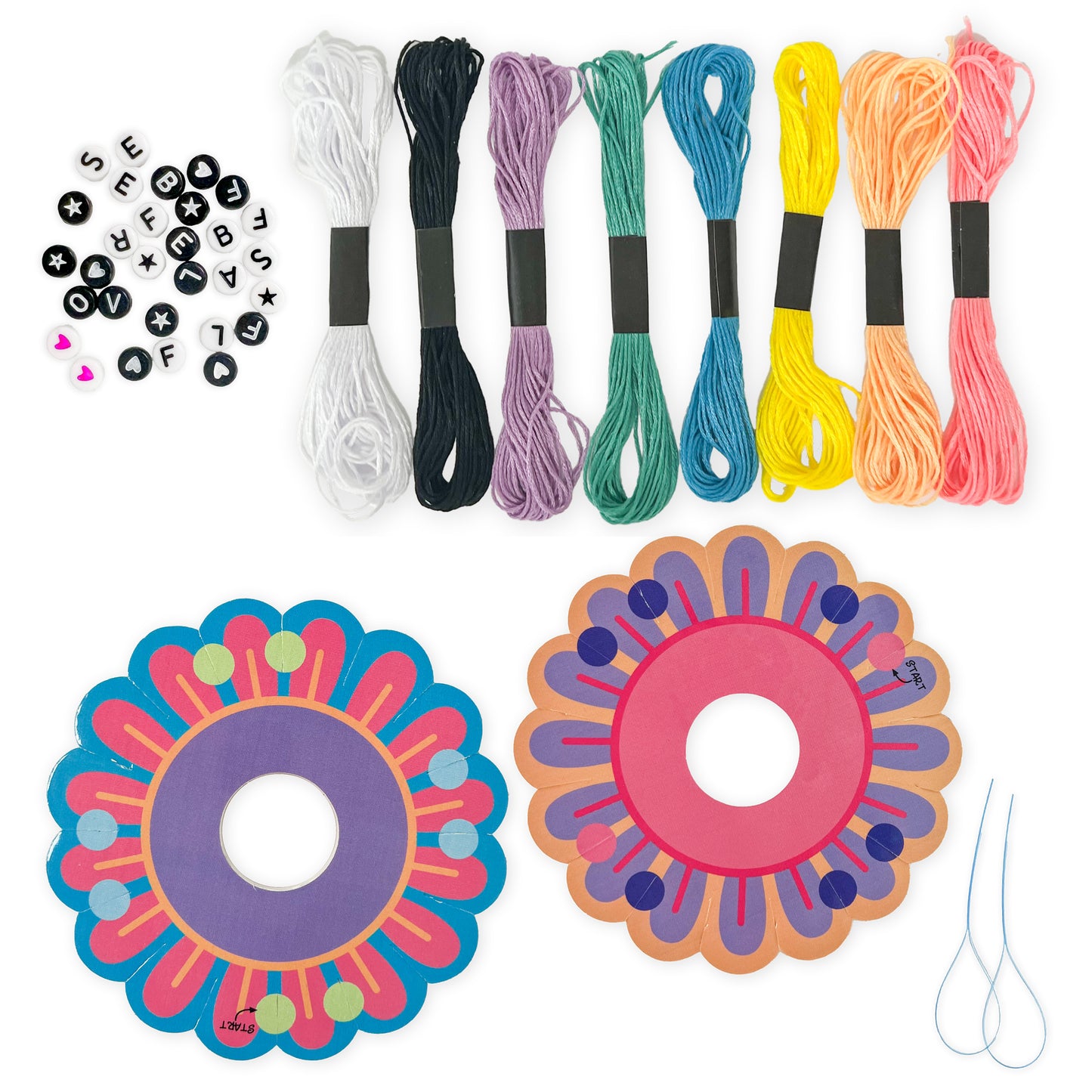 Friendship bracelet kit contents with colourful threads, letter beads and weaving tools