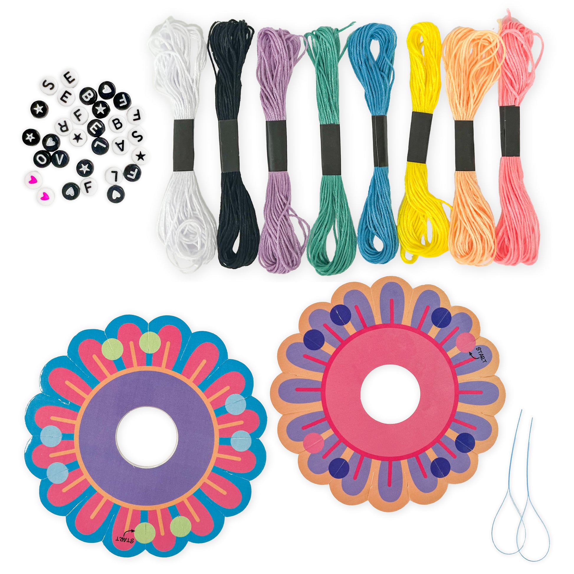Friendship bracelet kit contents with colourful threads, letter beads and weaving tools