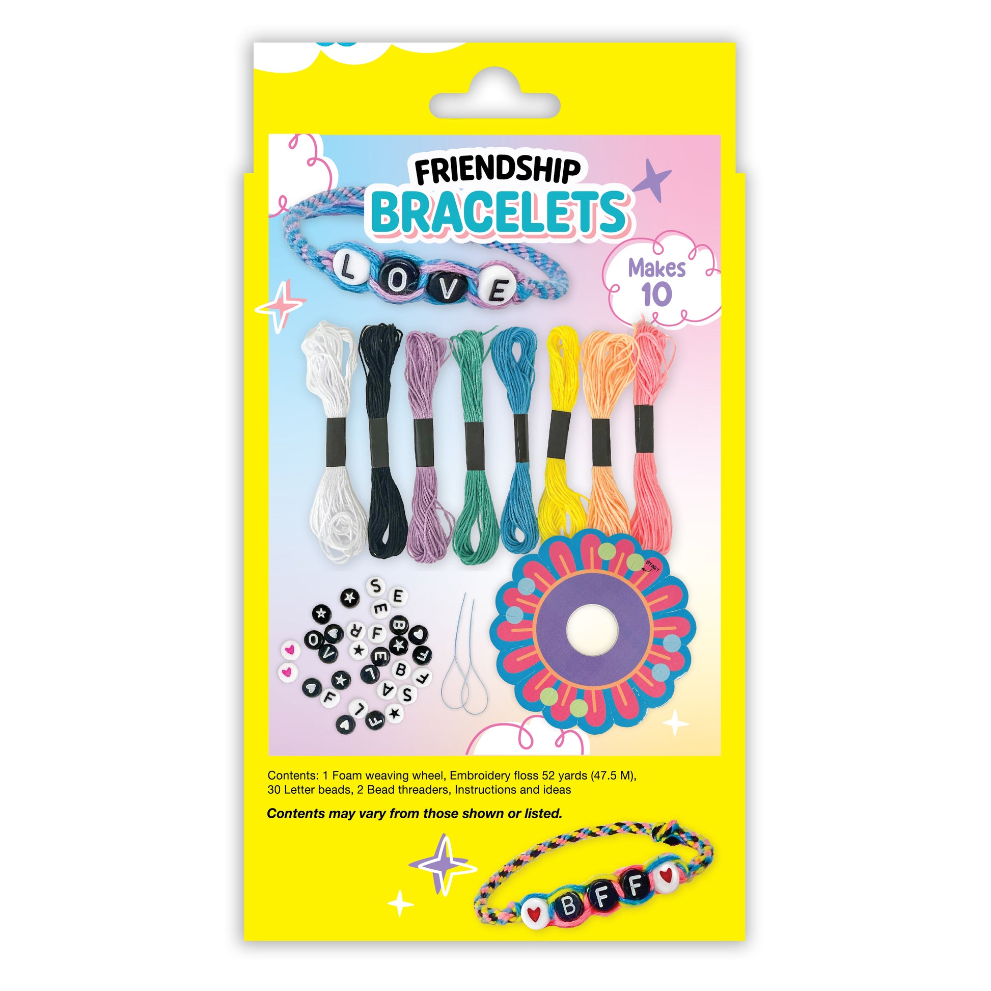 Friendship Bracelets craft kit packaging showing bracelet designs and included materials
