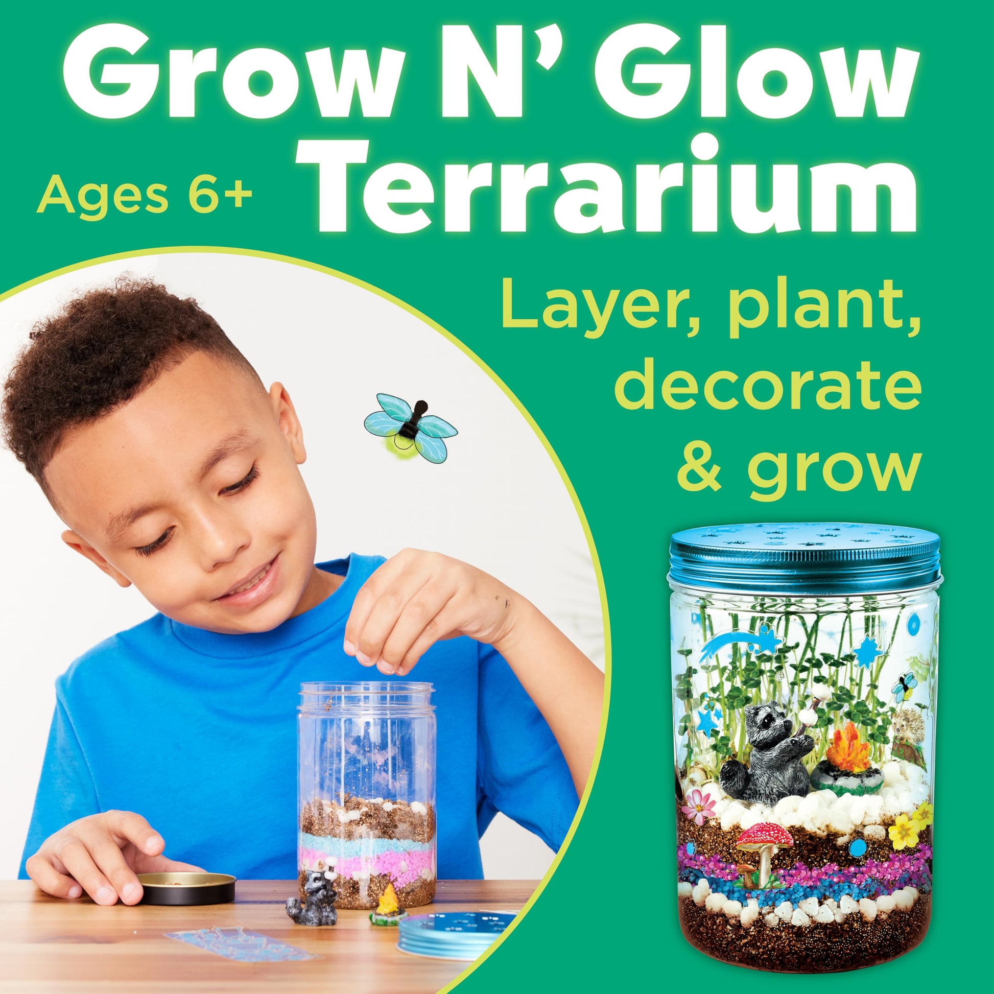 Child creating a Grow 'N' Glow Terrarium gardening kit for ages 6 and over