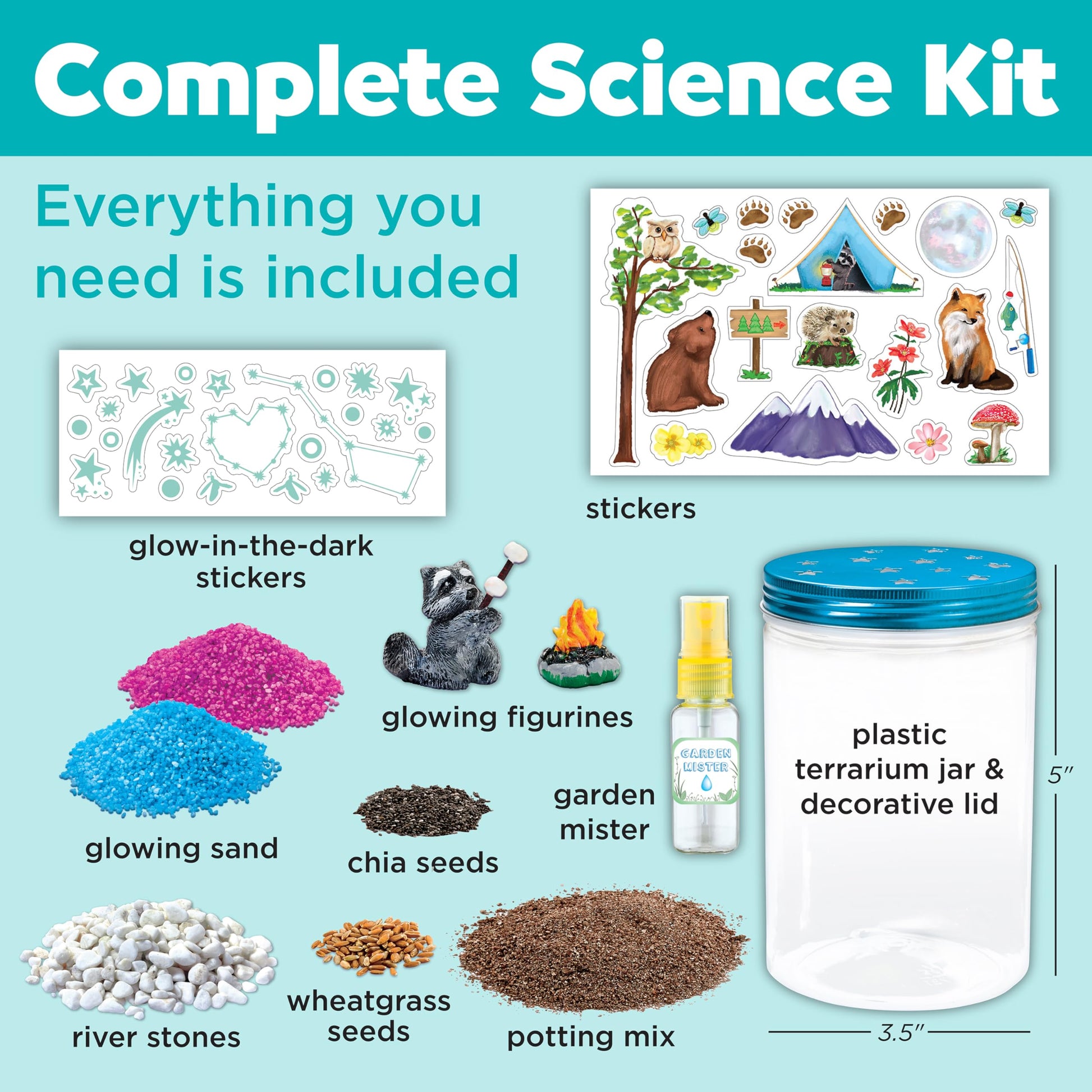 Complete Grow 'N' Glow Terrarium science kit contents including seeds, soil and decorations