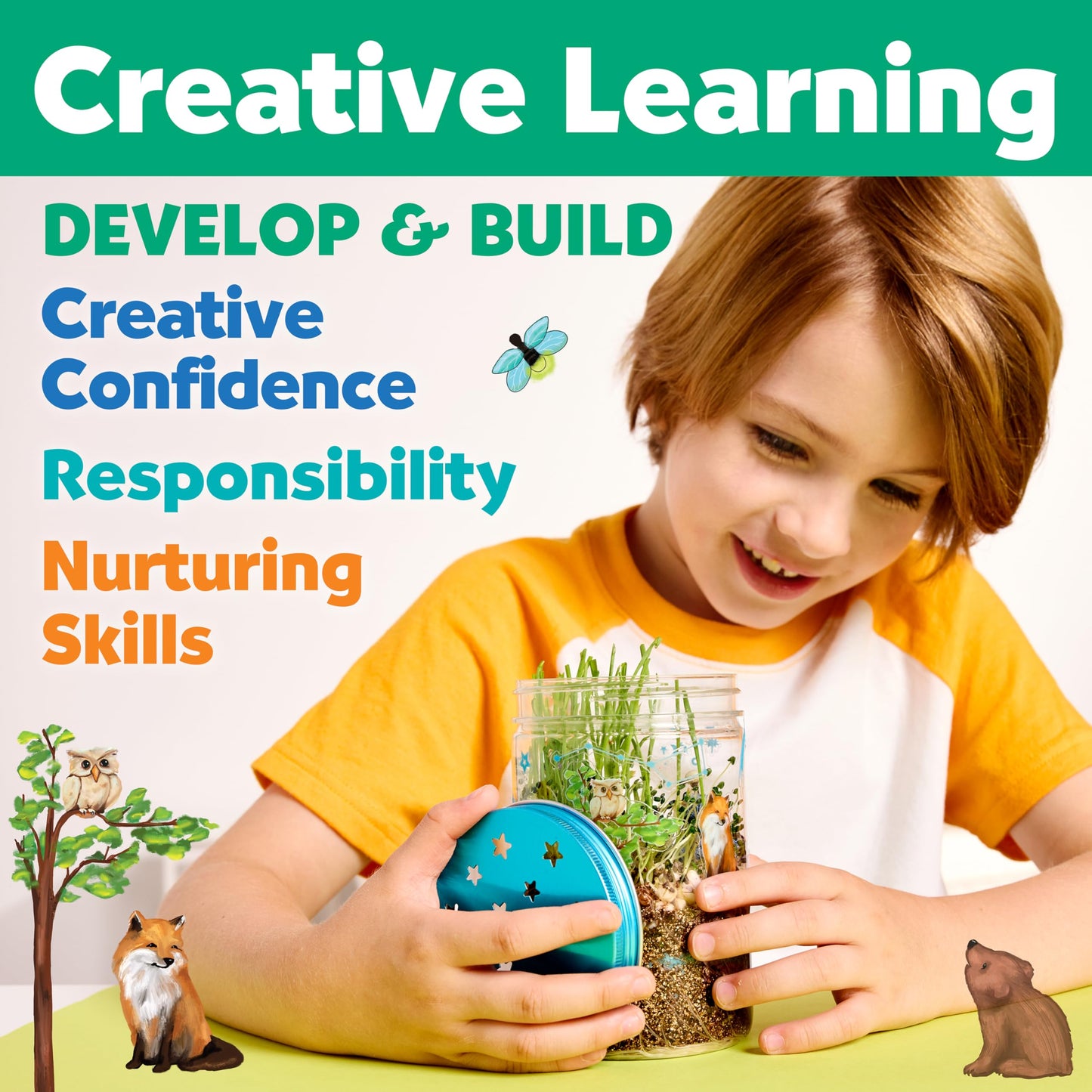 Child decorating a terrarium while learning about plants and nature