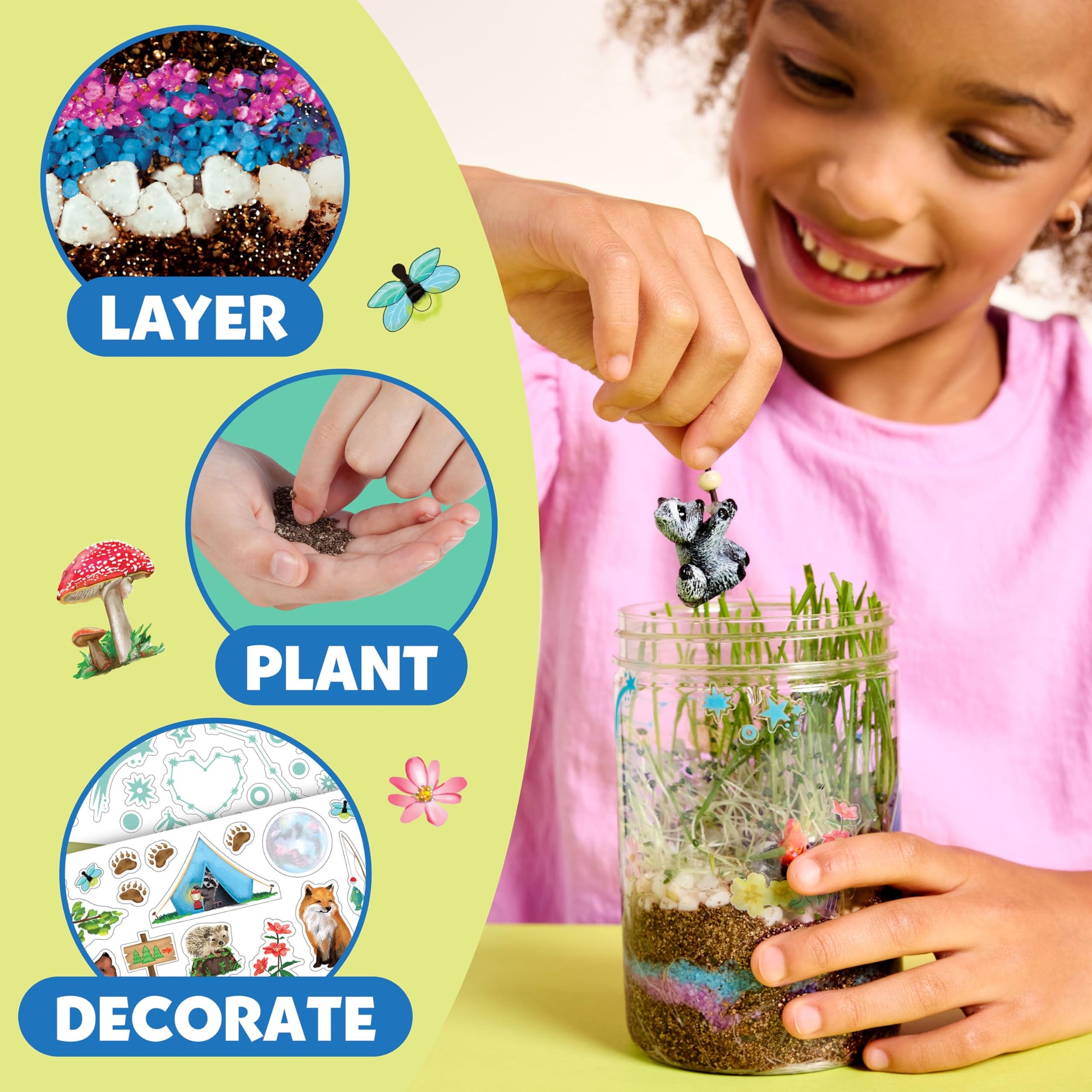 Child layering, planting and decorating a Grow 'N' Glow Terrarium