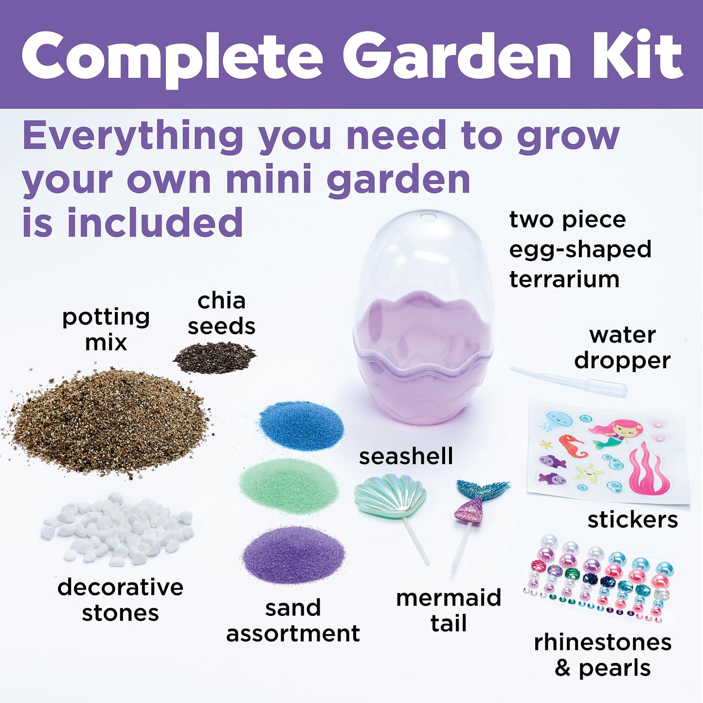 Complete Mermaid Mini Garden kit with seeds, potting mix, gravel and decorations