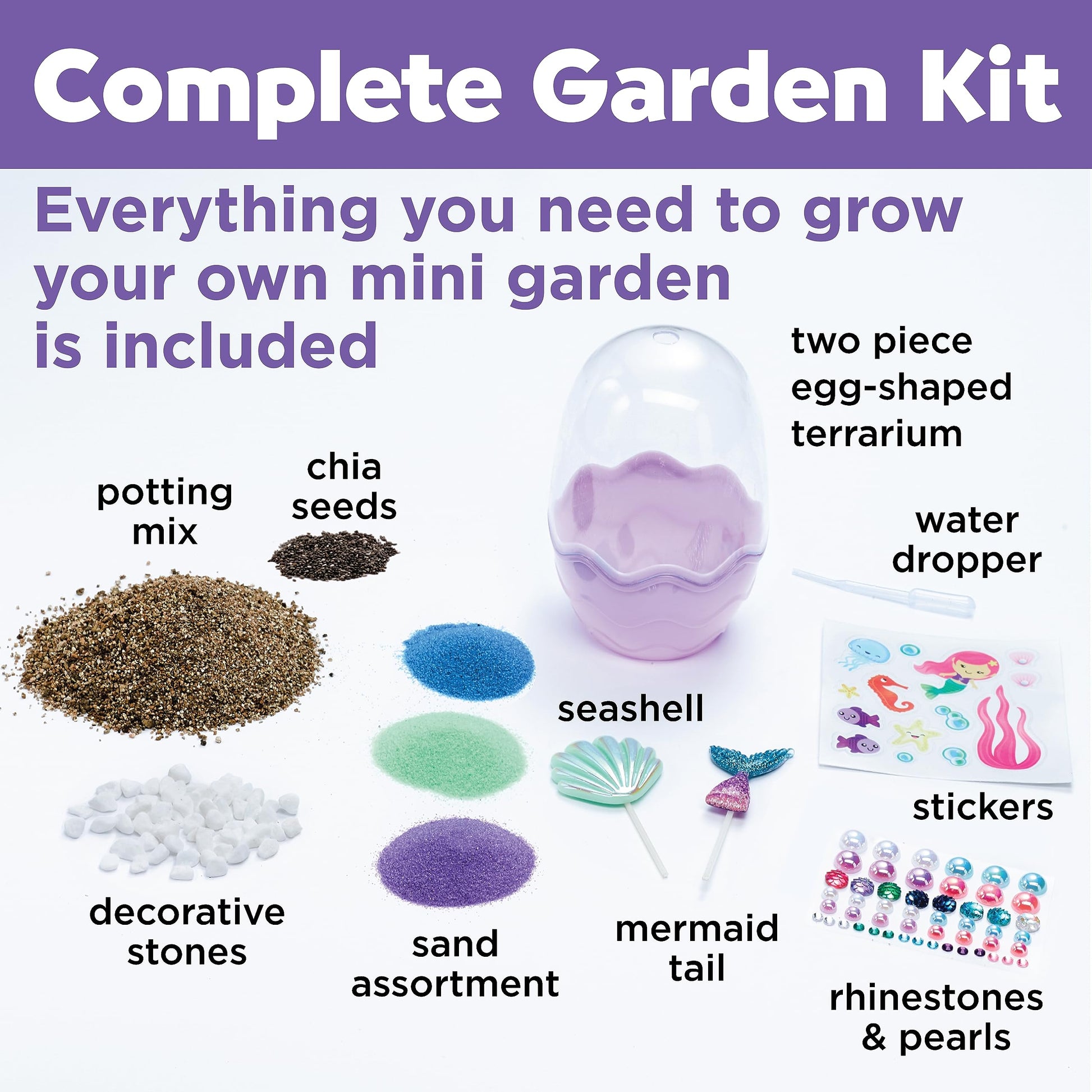 Complete Mermaid Mini Garden kit with seeds, potting mix, gravel and decorations