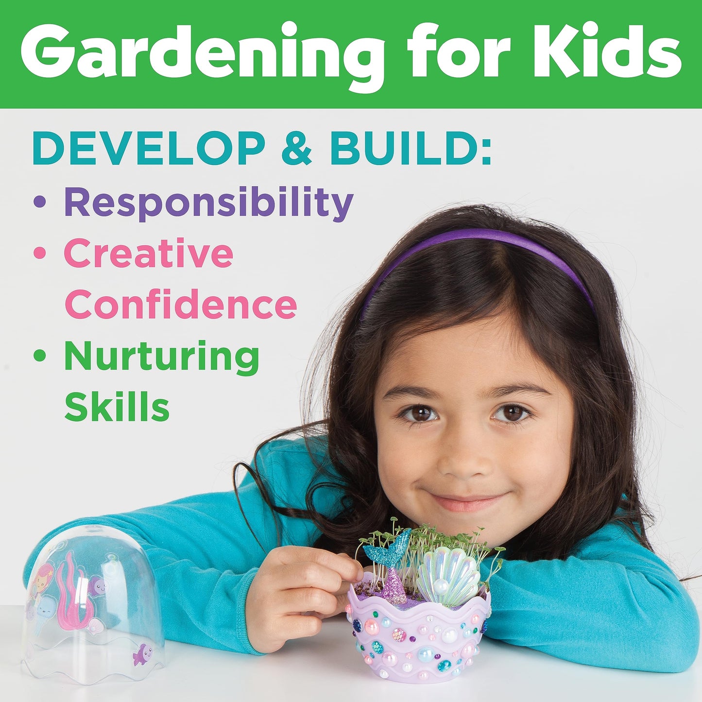 Child enjoying a Mermaid Mini Garden gardening activity that develops nurturing skills