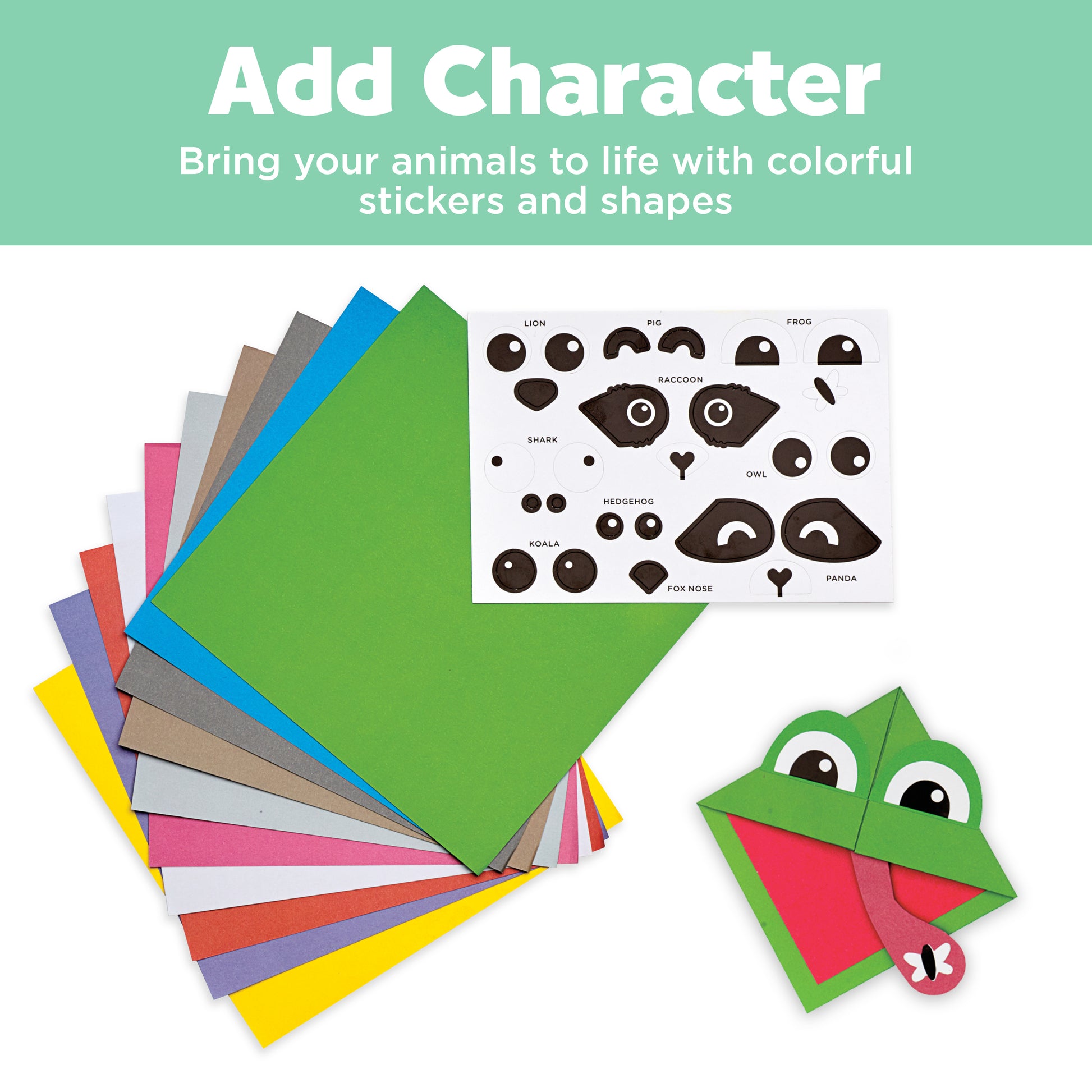 Paper shapes and decorations used to add character to origami bookmarks