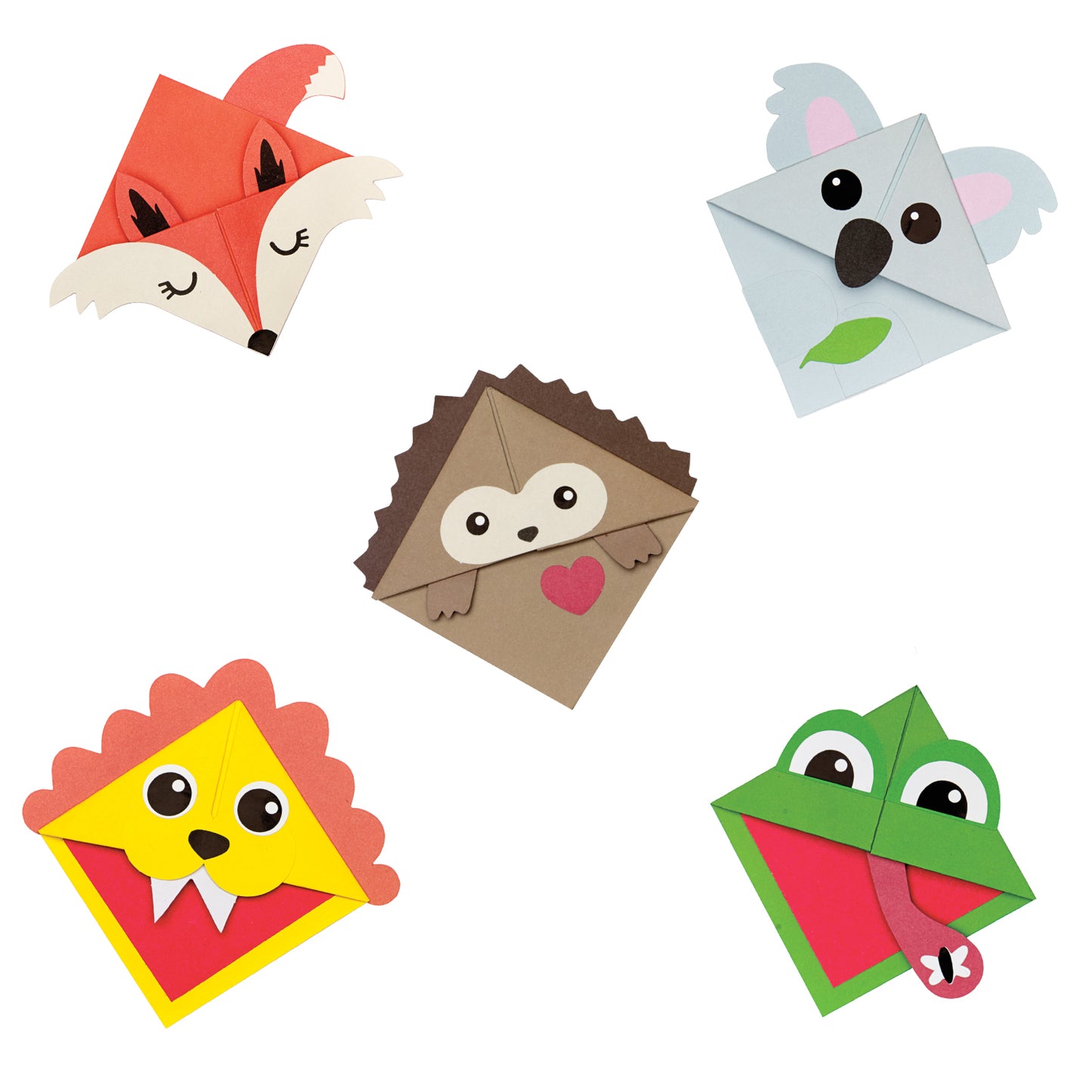 Colourful animal bookmark designs including fox, owl, frog and mouse