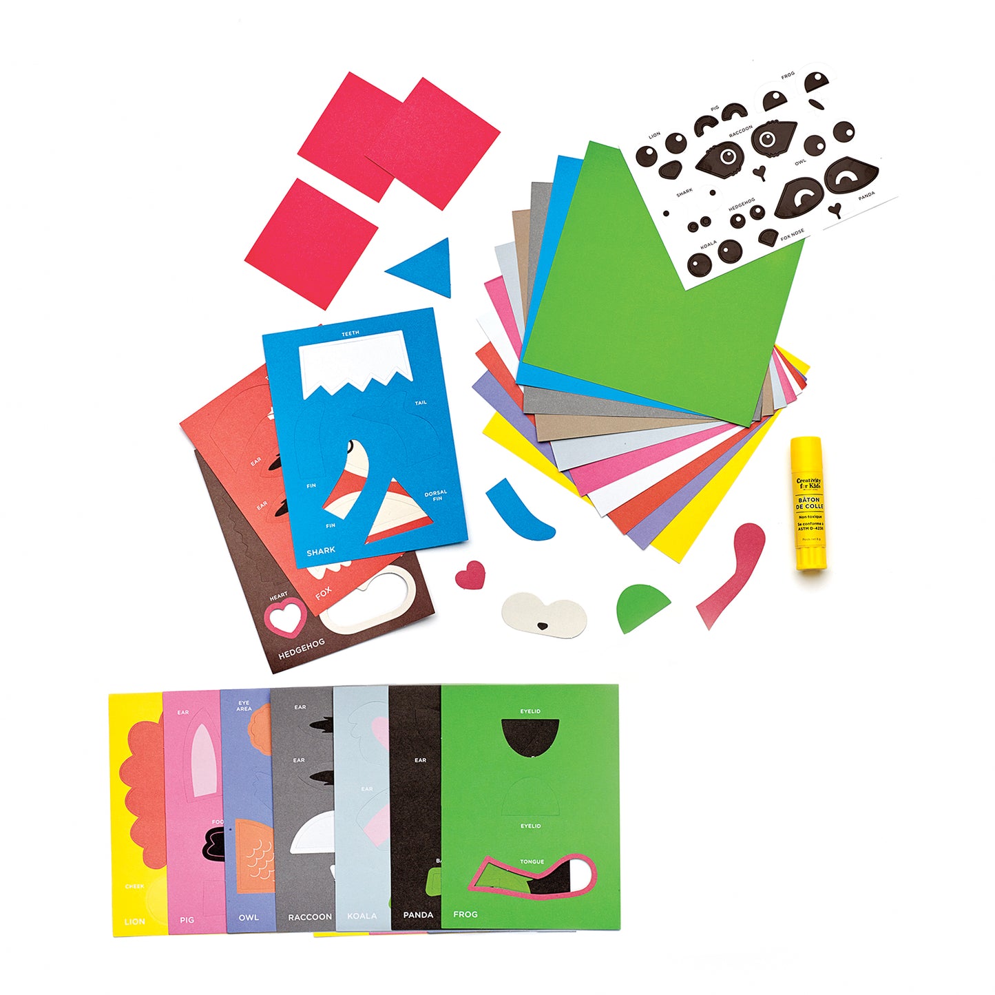 Colourful paper and craft materials for making animal bookmarks
