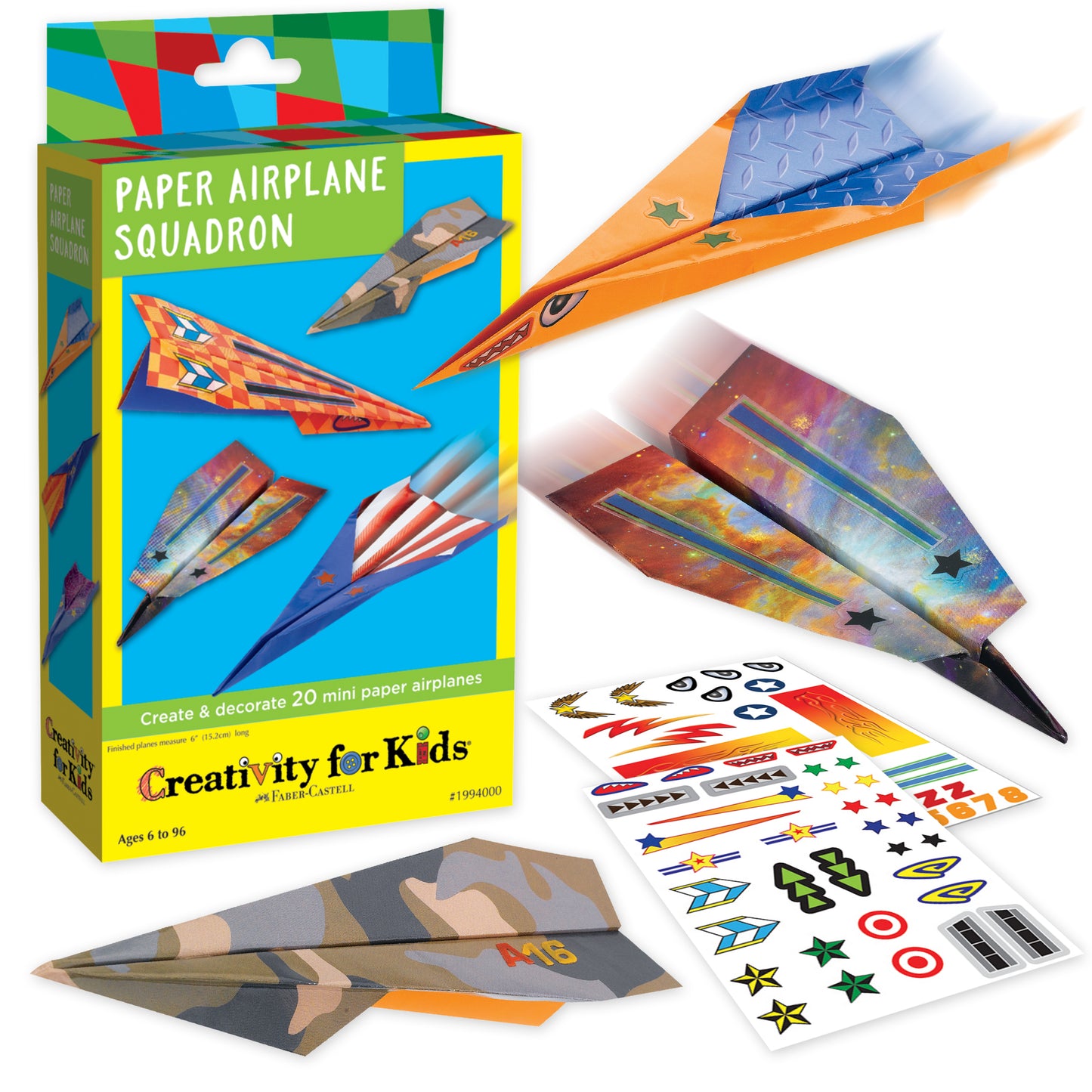 Paper Airplane Squadron kit with colourful papers, stickers and finished paper airplanes