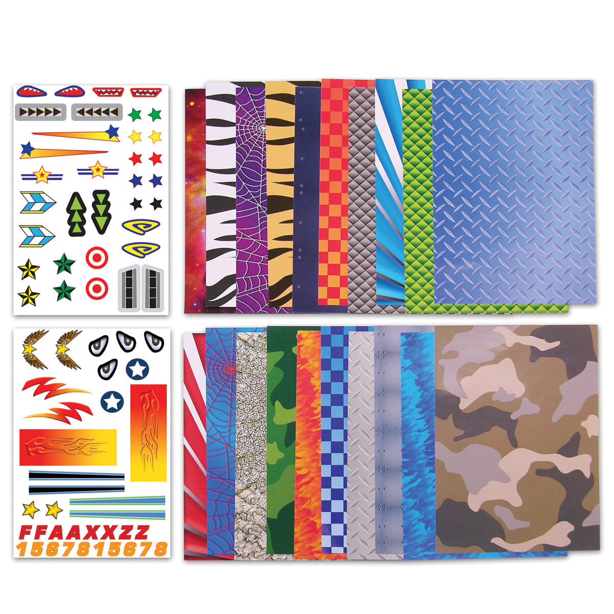 Colourful double-sided paper and decorative stickers for making paper airplanes