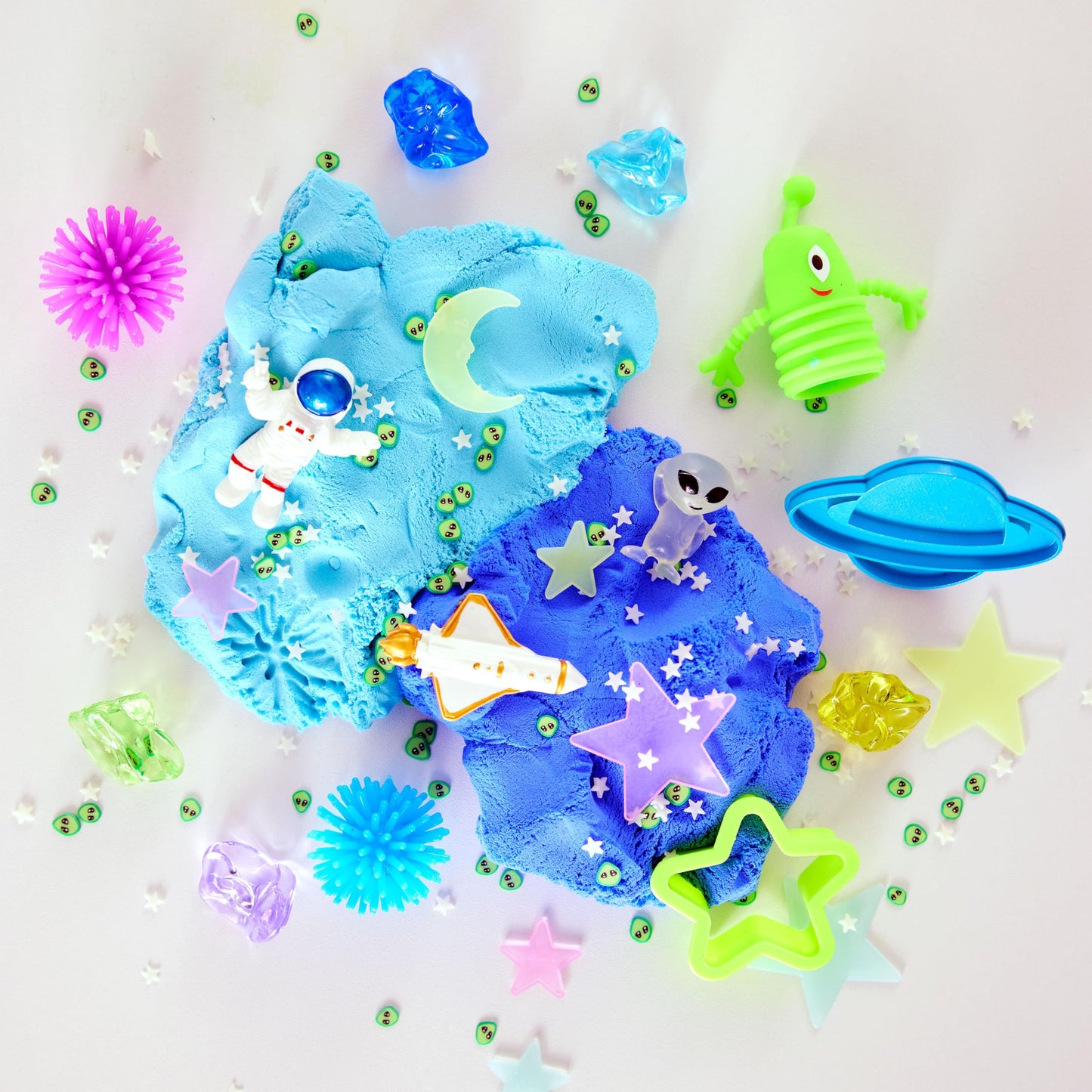 Alien and outer space sensory scene created with colourful cloud clay
