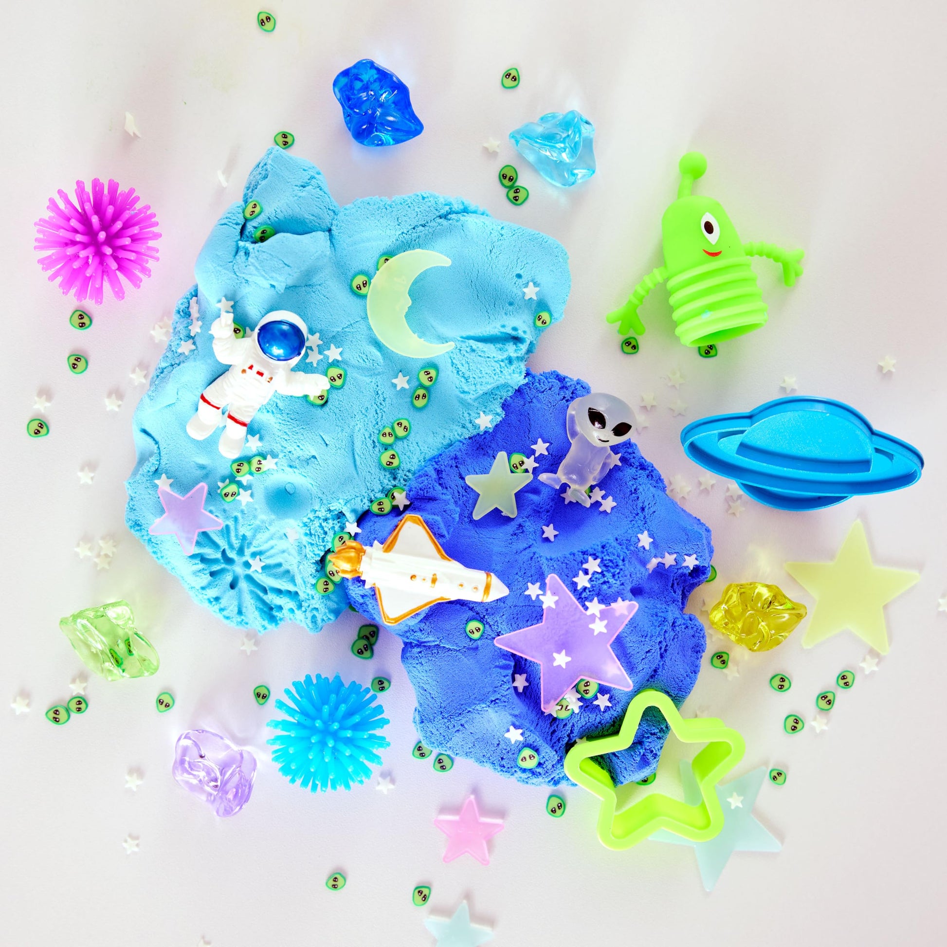 Alien and outer space sensory scene created with colourful cloud clay