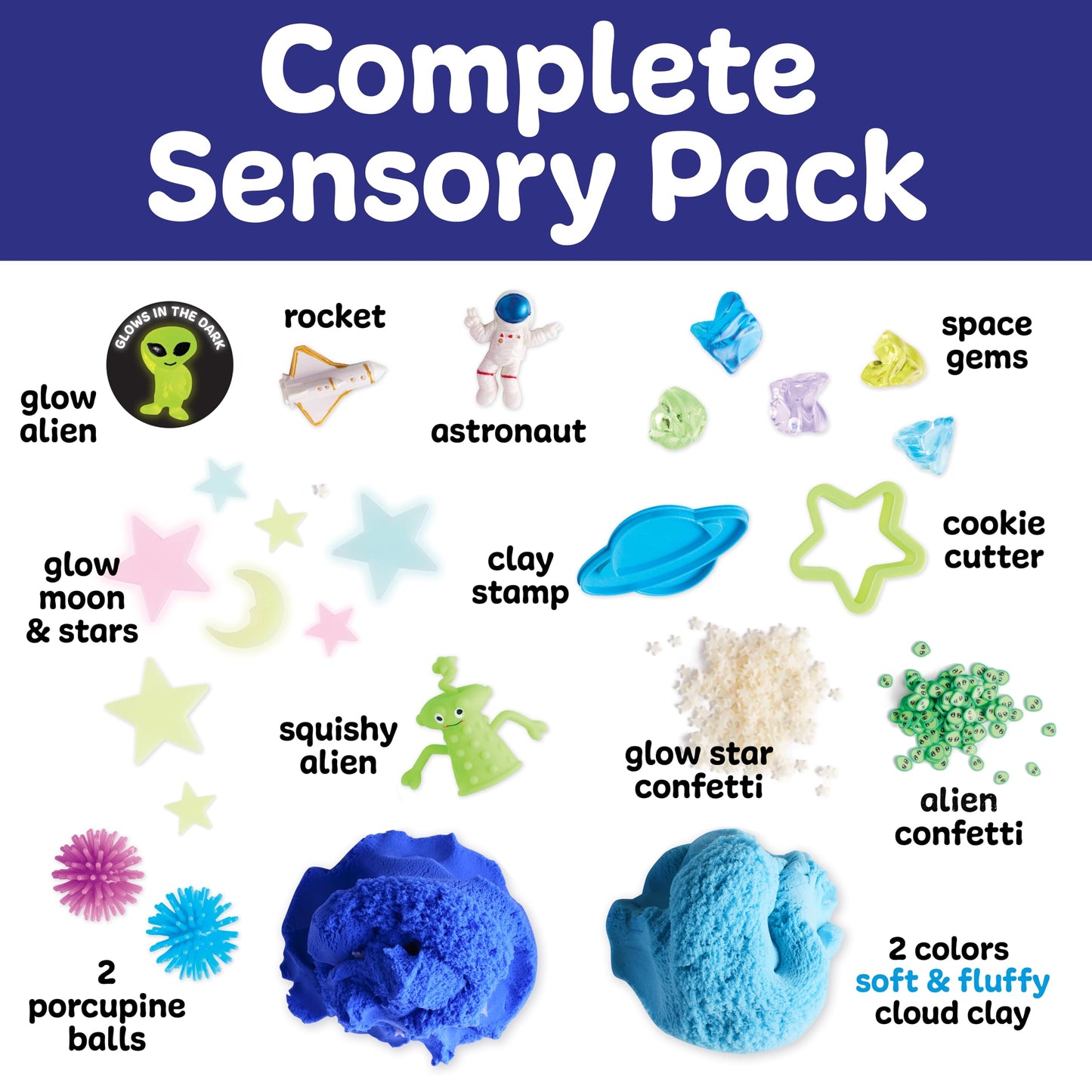 Space Sensory Pack contents with cloud clay, aliens, stars and sensory play pieces