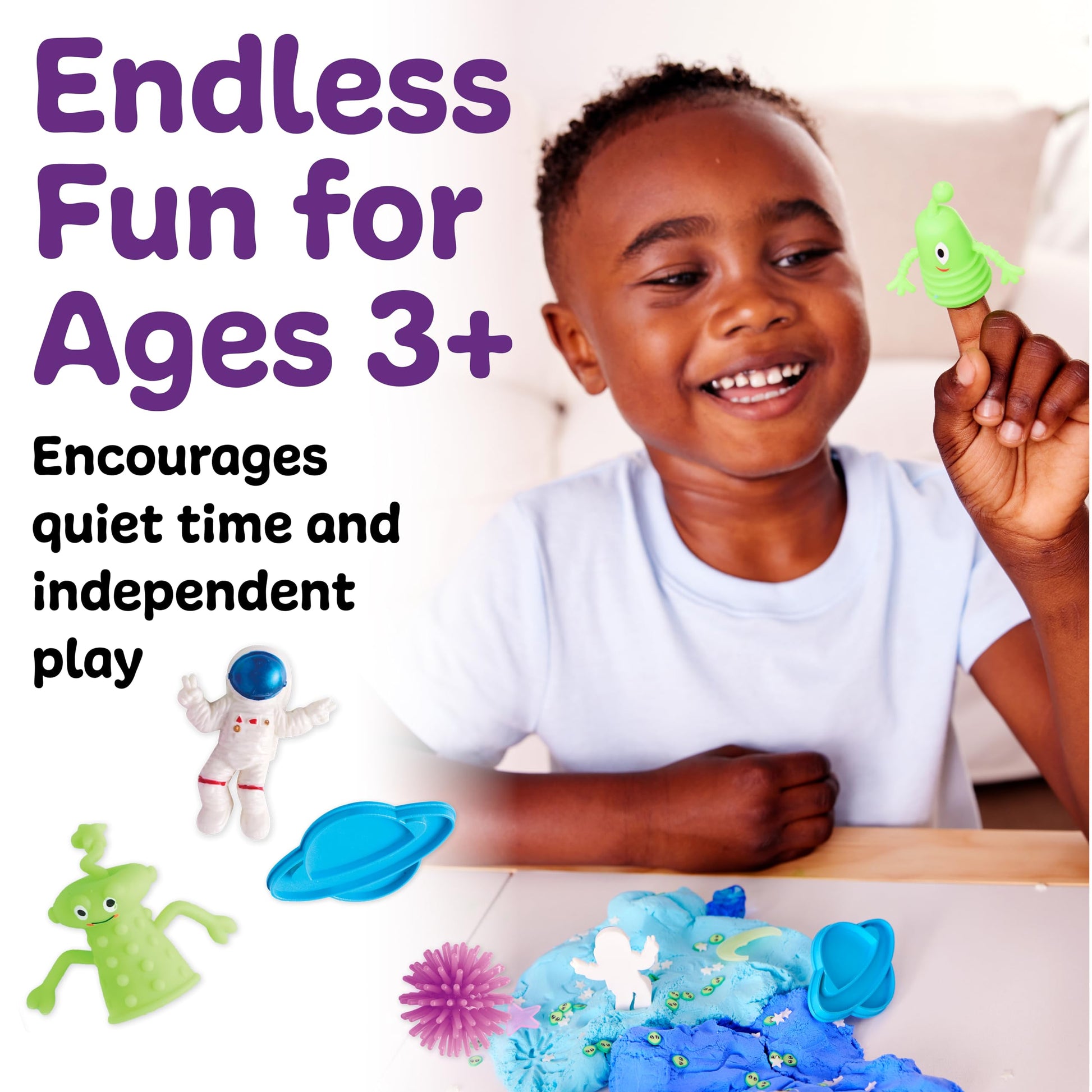 Child enjoying creative outer space sensory play for ages 3 and over