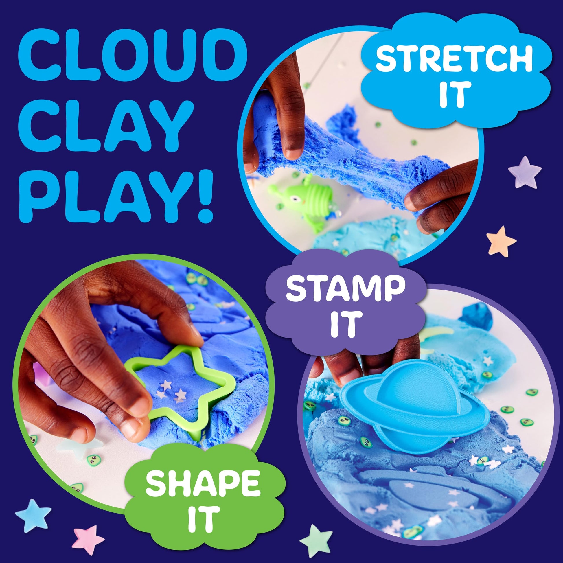 Colourful stretchy cloud clay for squishing, stamping and shaping