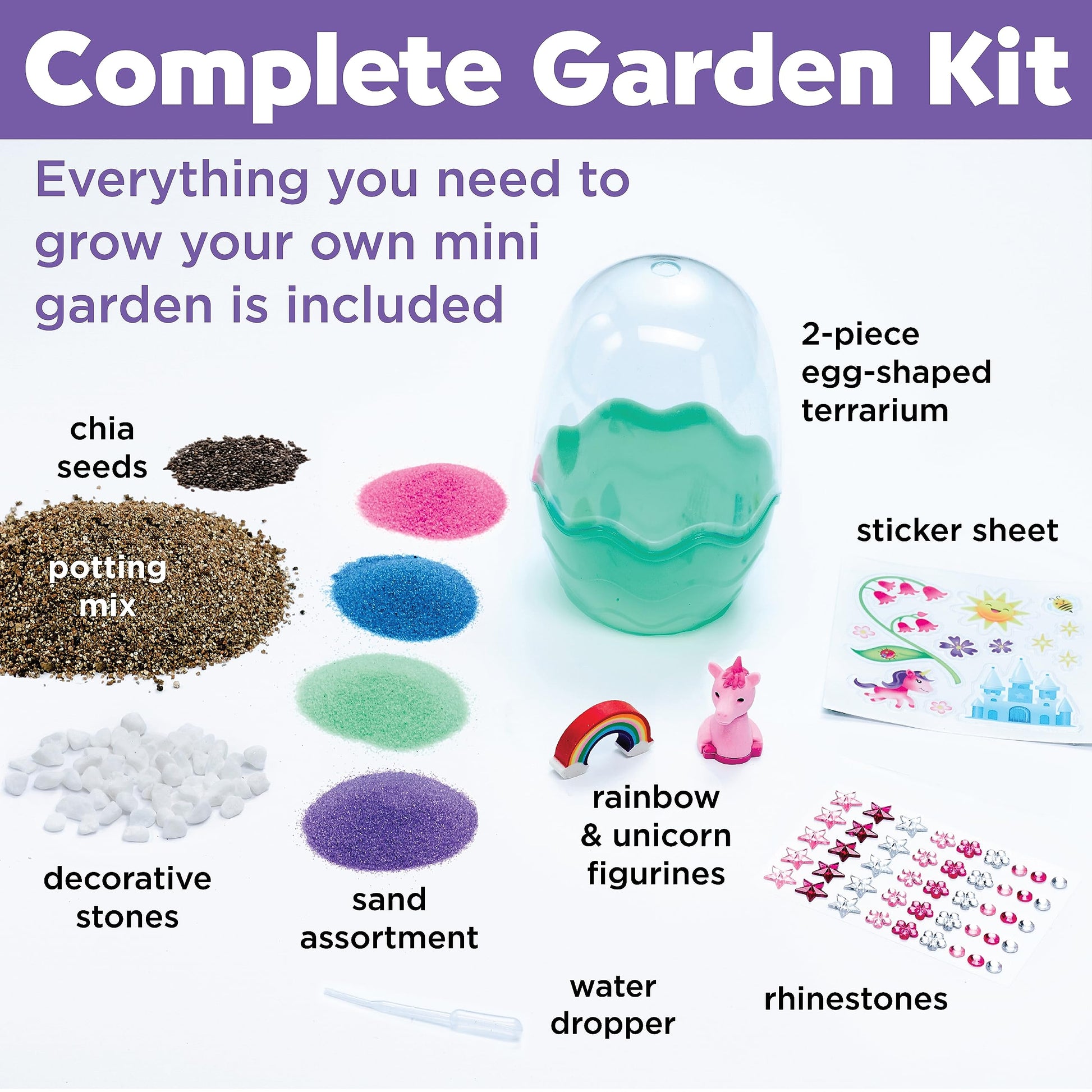 Complete Unicorn Mini Garden kit with growing materials, decorations and chia seeds