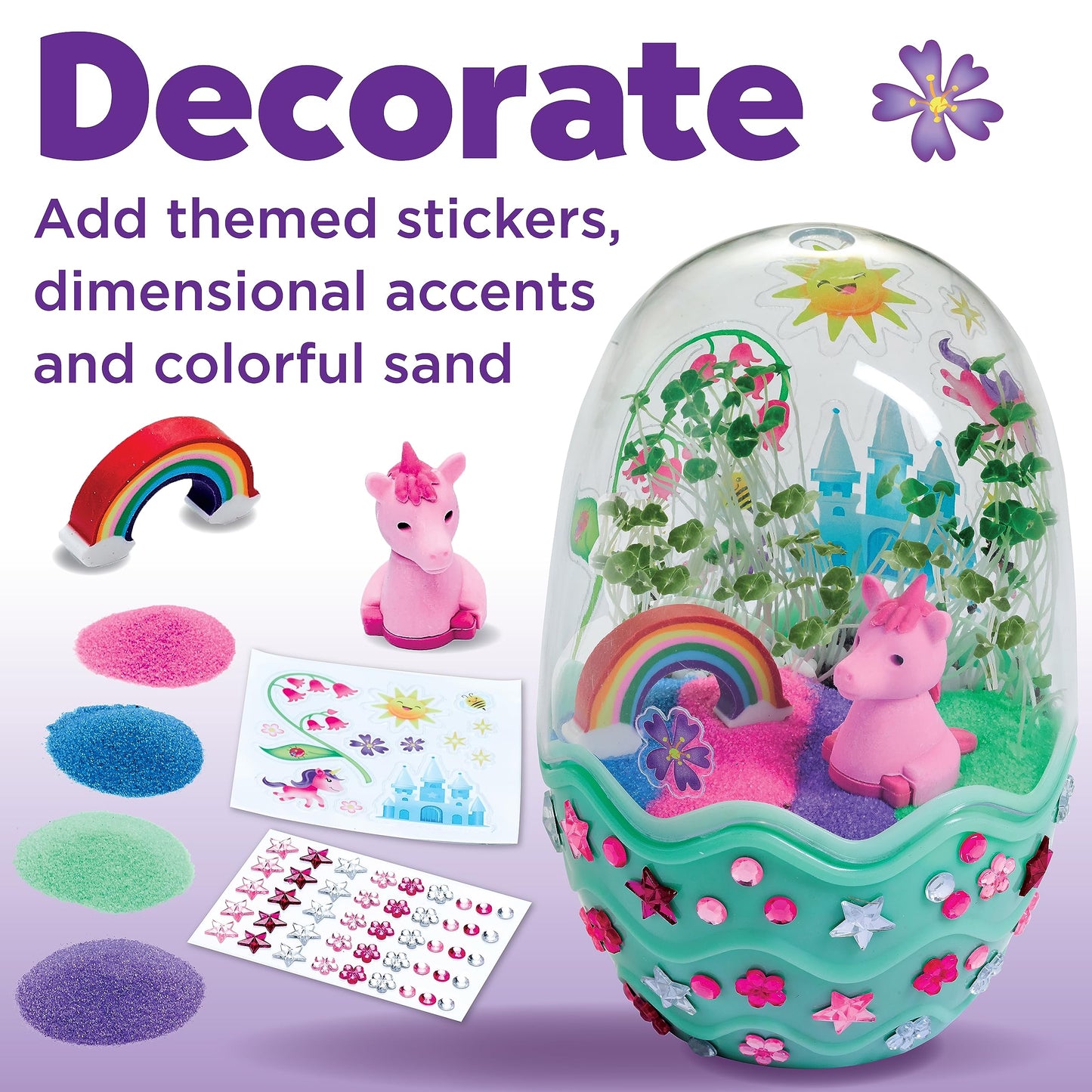 Unicorn Mini Garden with colourful stickers, unicorn and rainbow decorations