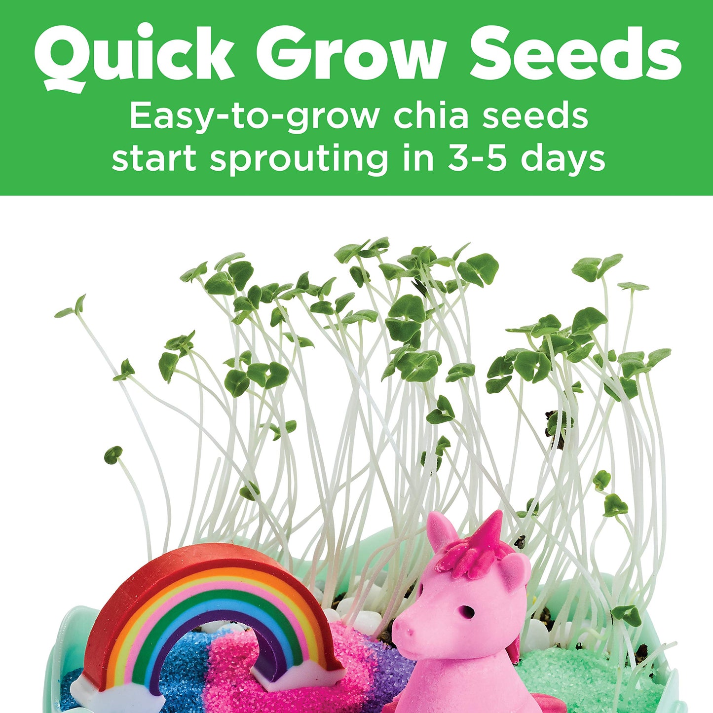 Quick-growing chia seeds sprouting in the Unicorn Mini Garden in 3 to 5 days