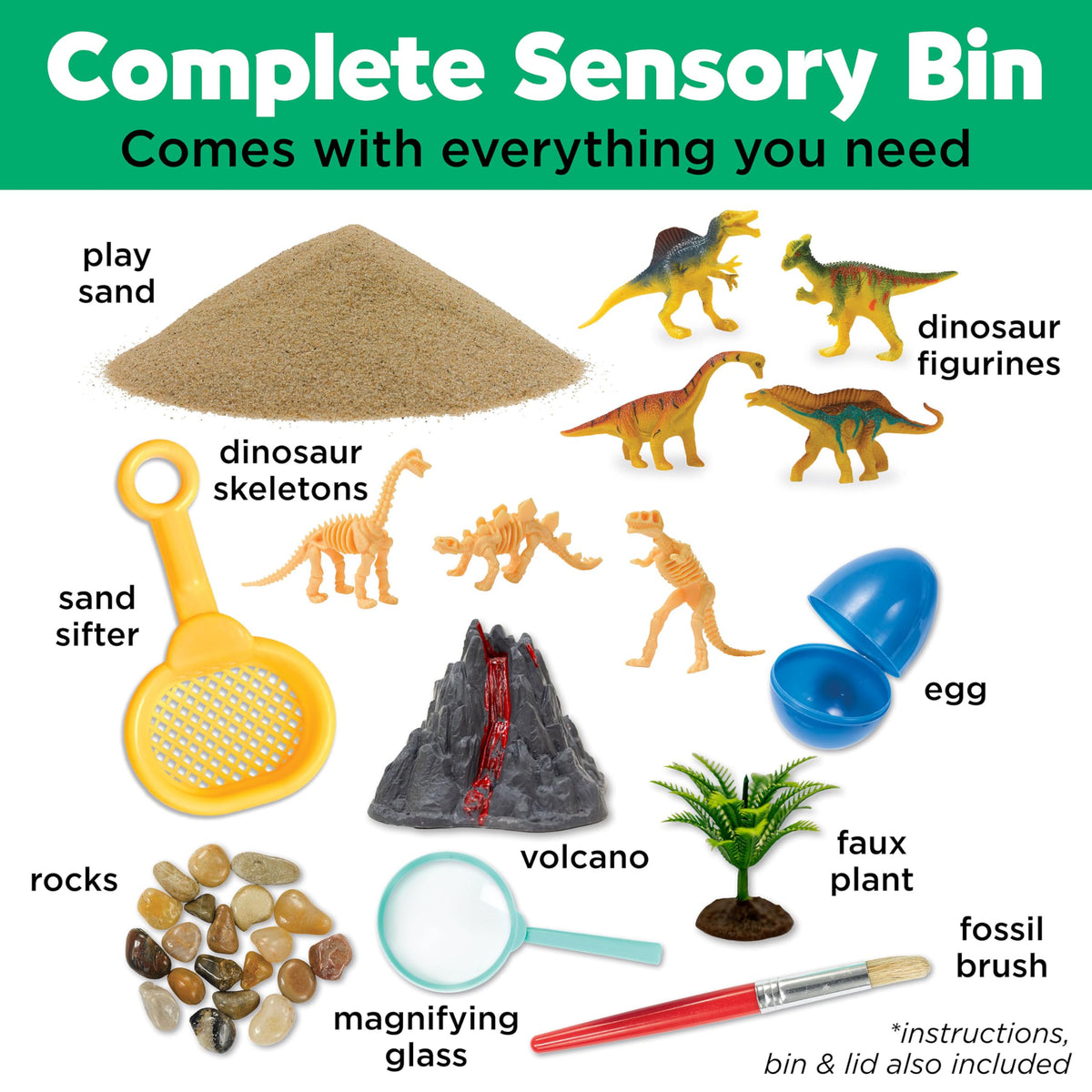 Dinosaur Sensory Bin contents with play sand, dinosaur figures, fossils, volcano, sifter, magnifying glass and fossil brush