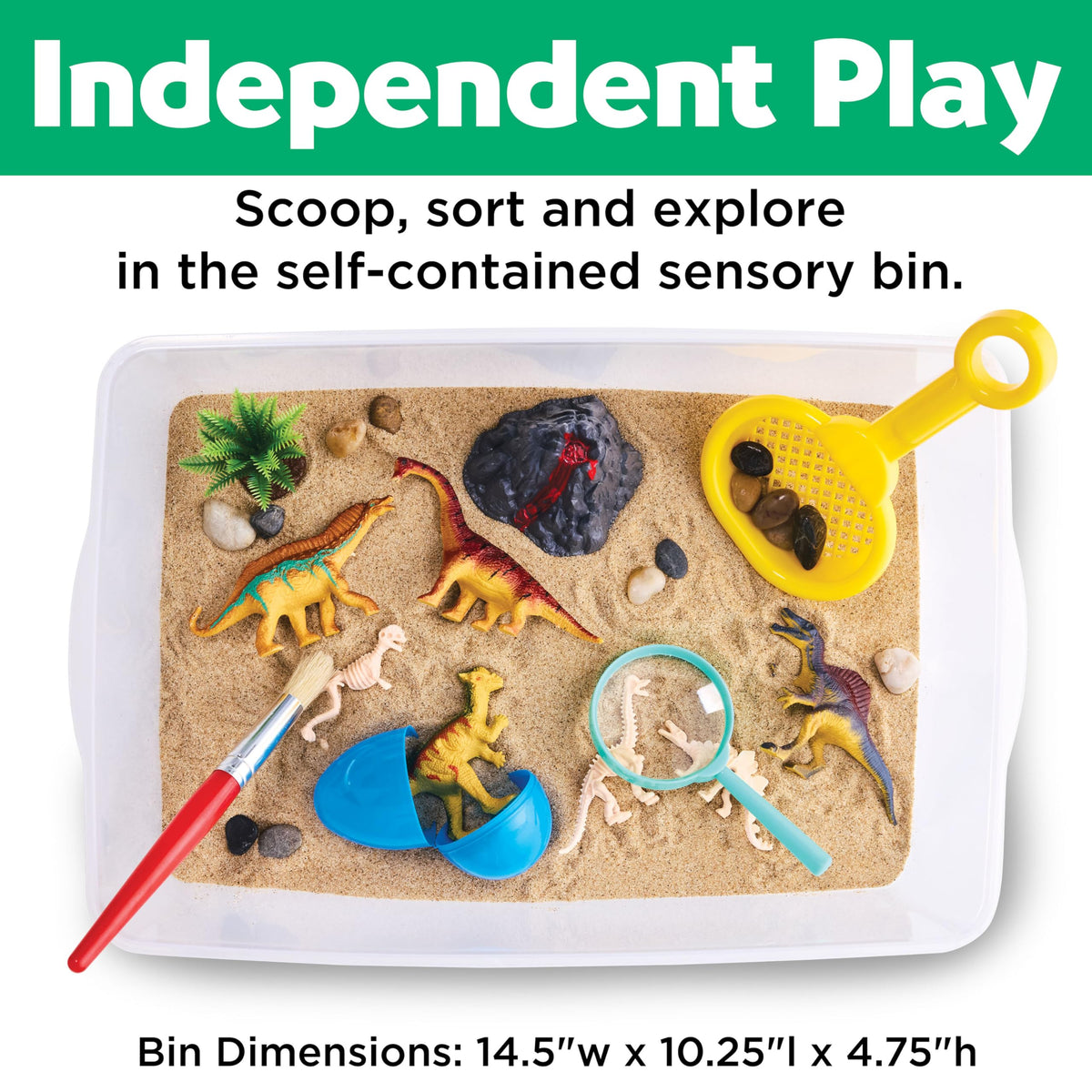 Dinosaur Sensory Bin for independent play with sand, dinosaurs, fossils, volcano and sensory tools