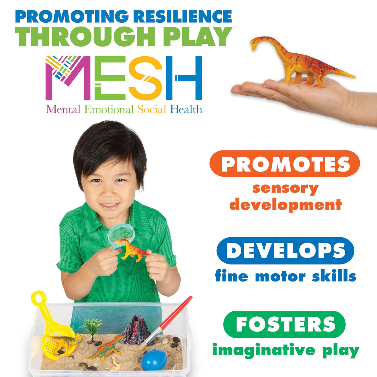 Dinosaur Sensory Bin promoting sensory development, fine motor skills and imaginative play
