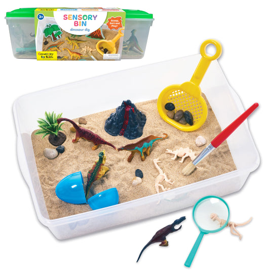 Creativity for Kids Dinosaur Sensory Bin with play sand, dinosaur figures and dino dig tools