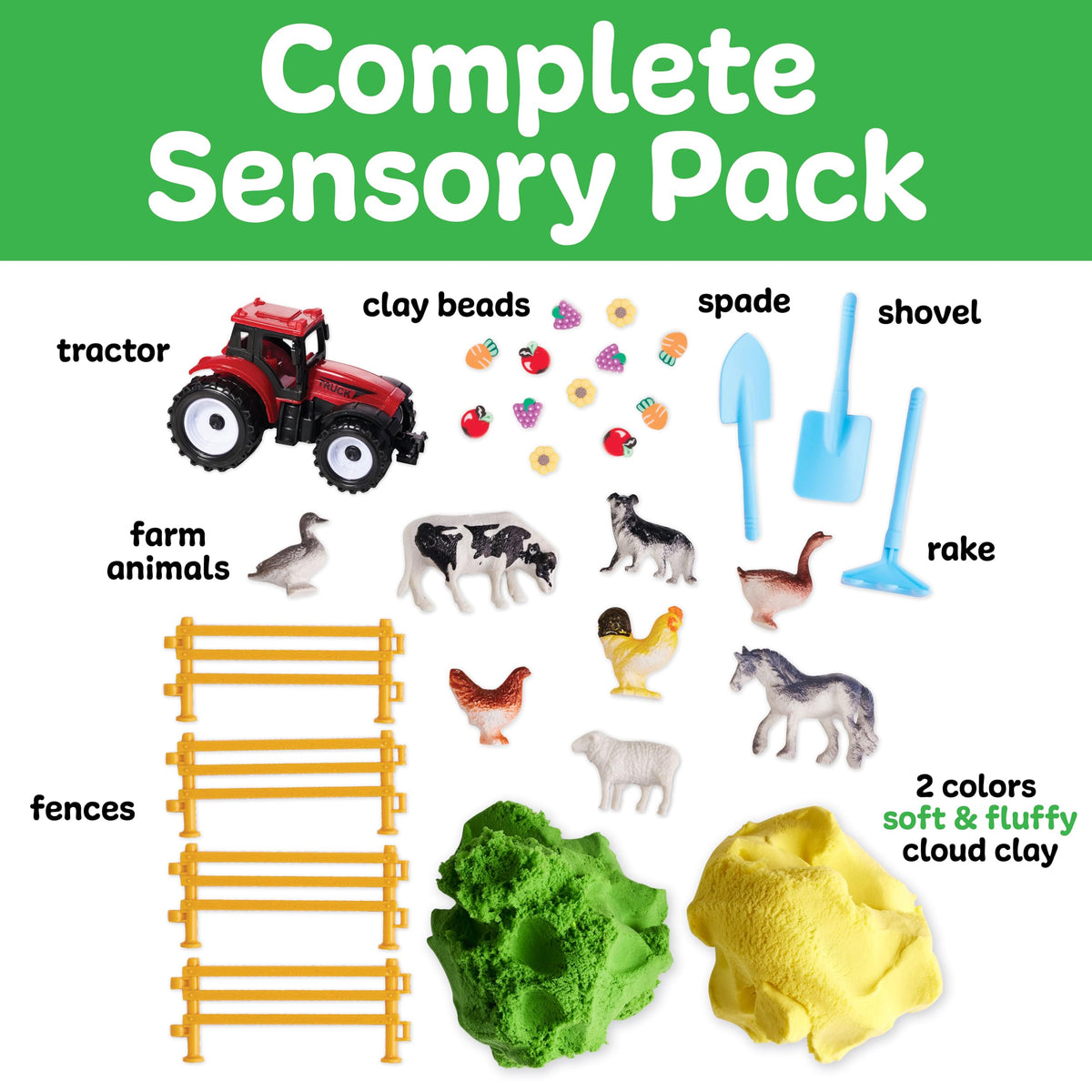 Farm Sensory Pack contents with farm animals, tractor, cloud clay and accessories