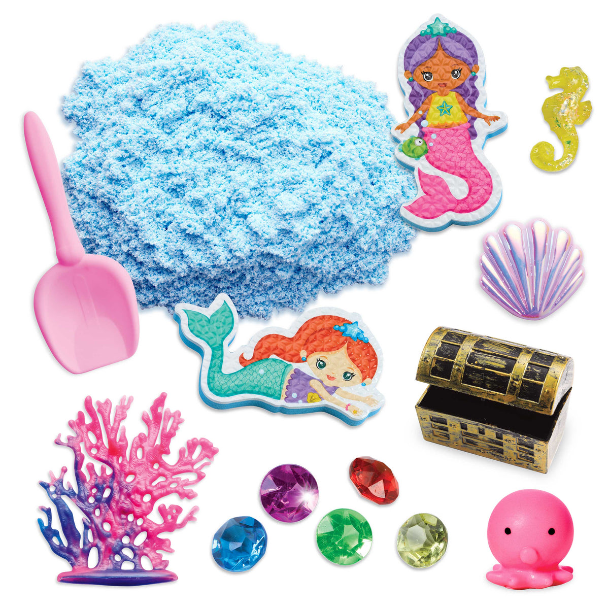 Mermaid Sensory Bin contents with sensory foam, mermaids, gems and underwater play accessories