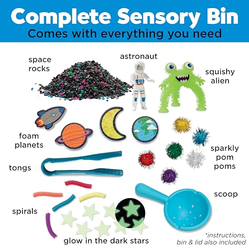 Space Sensory Bin contents with space-themed sensory materials, astronaut, alien and play accessories
