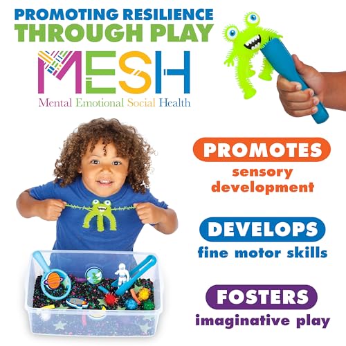 Space Sensory Bin supporting sensory development, fine motor skills and imaginative play
