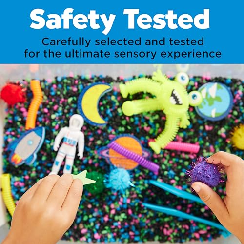 Safety-tested Space Sensory Bin with sensory materials and space-themed play pieces