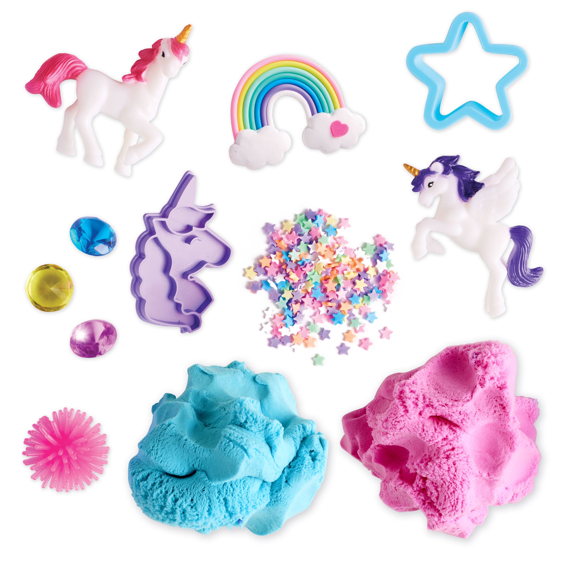 Unicorn Sensory Pack contents with unicorns, rainbow, gems and colourful cloud clay